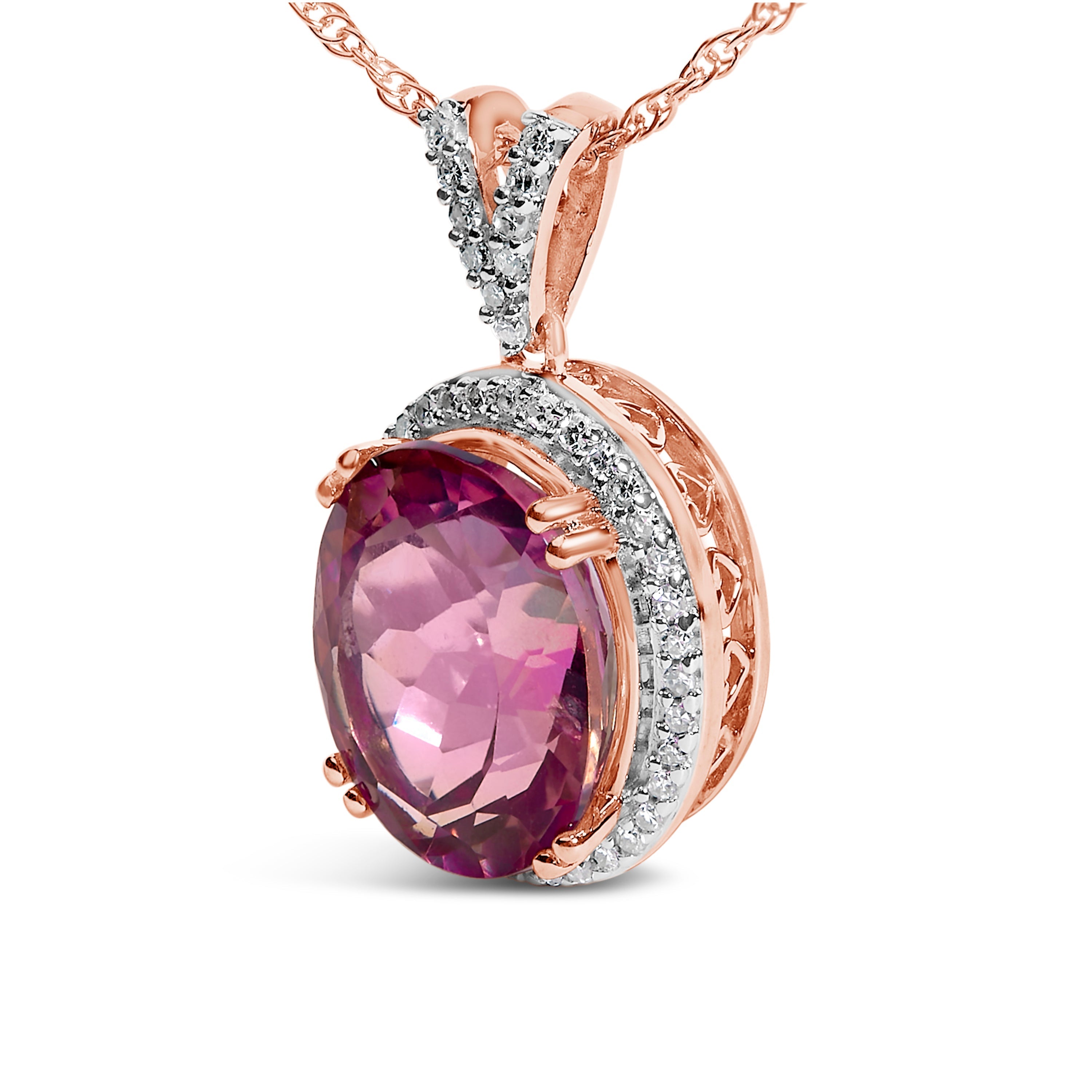 14K Rose Gold Vermeil Sterling Silver 1/5 Cttw Diamond Pink Quartz Oval Pendant Necklace DestGlow