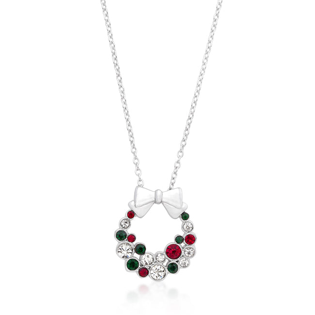 Avera Holiday Wreath Crystal Pendant Necklace in Gold