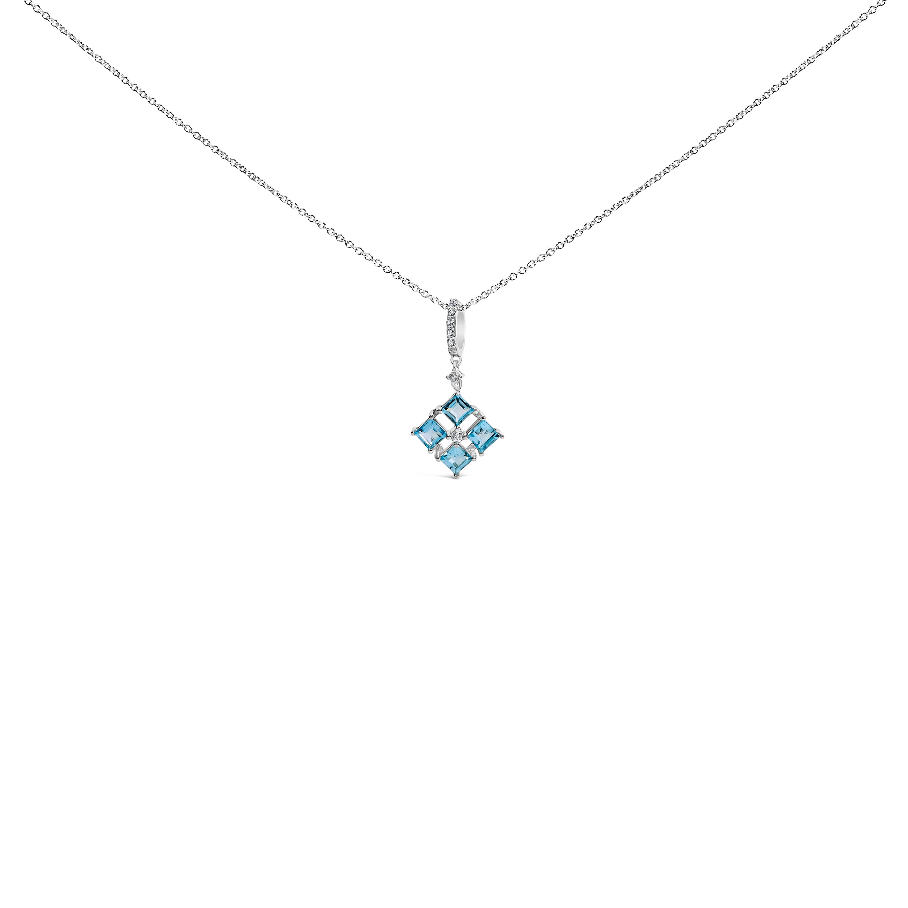 Sterling Silver Blue Topaz and White Sapphire Square Motif Pendant Necklace 18 Inch by Bids.com