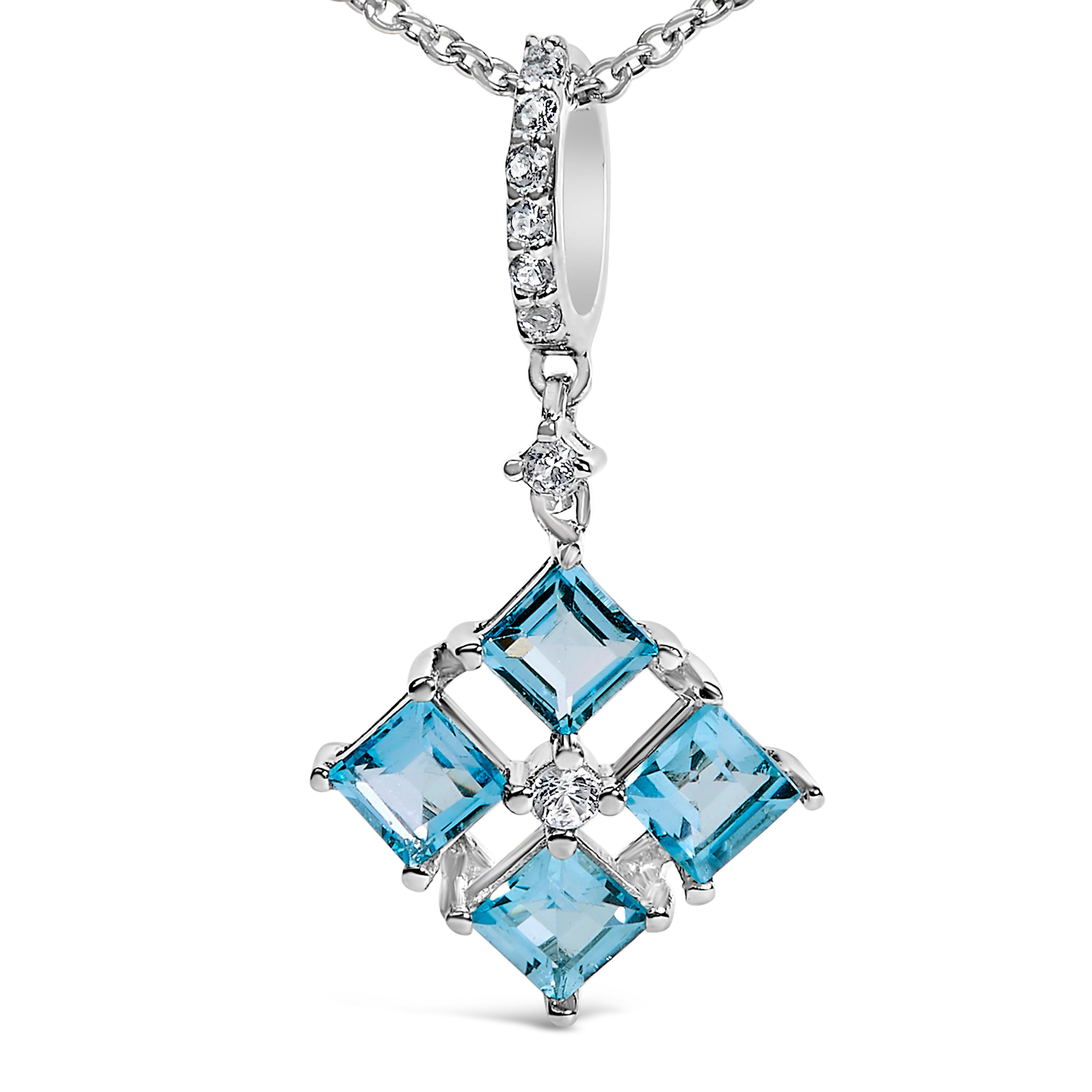 Sterling Silver Blue Topaz and White Sapphire Square Motif Pendant Necklace 18 Inch by Bids.com