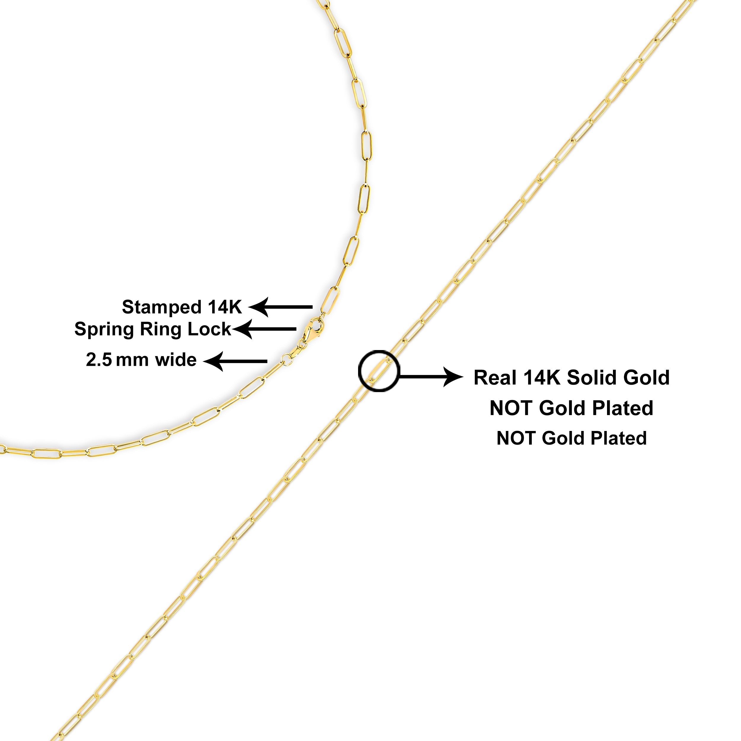 Solid 14K Yellow Gold 2.5mm Paperclip Chain Necklace Unisex 18" Inches DestGlow