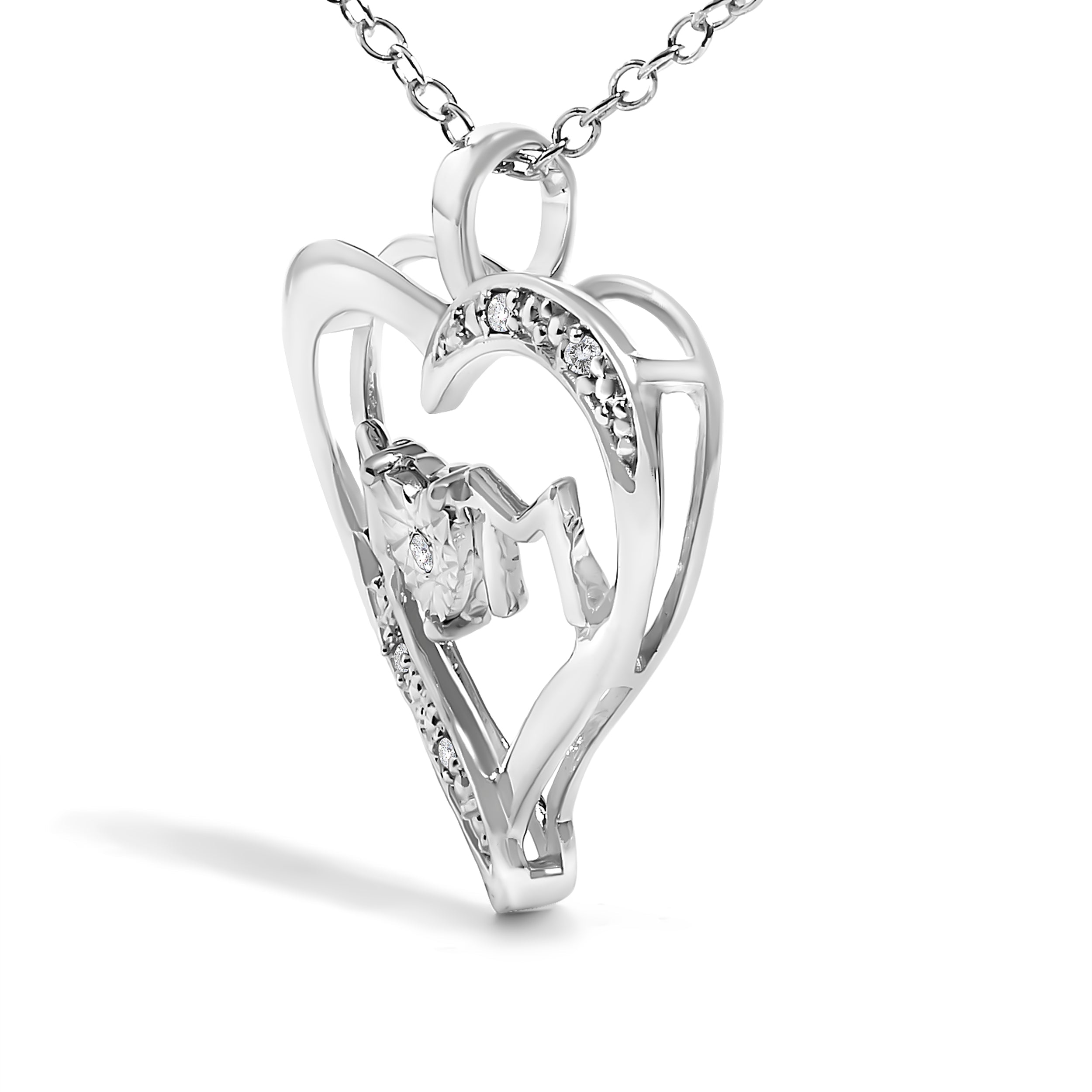 .925 Sterling Silver Diamond Accent MOM with Heart Pendant Necklace (J-K Color, I2-I3 Clarity) - 18" Inches DestGlow