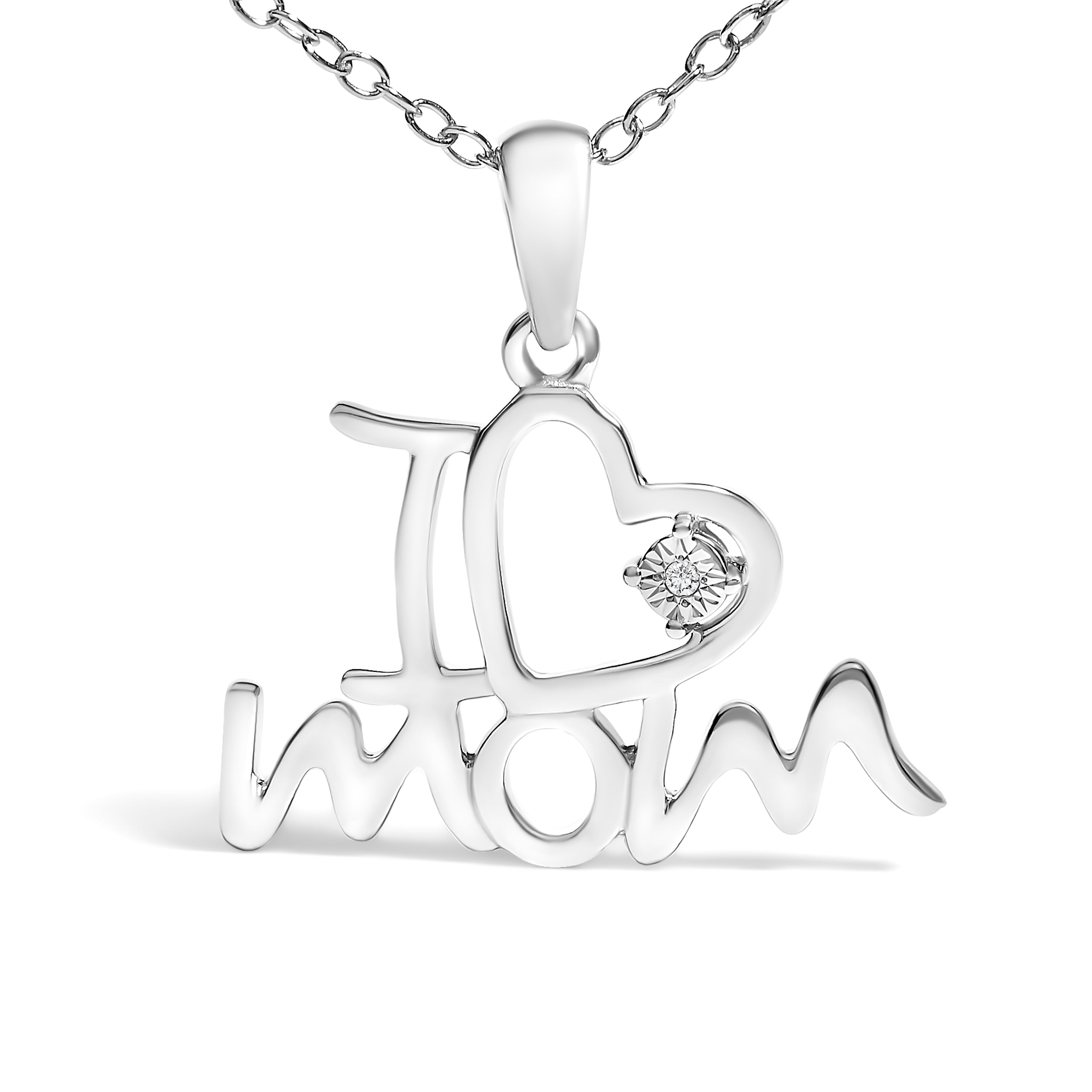 .925 Sterling Silver Diamond Accent "I Love Mom" Heart Pendant Necklace (J-K Color, I2-I3 Clarity) - 18" Inches DestGlow