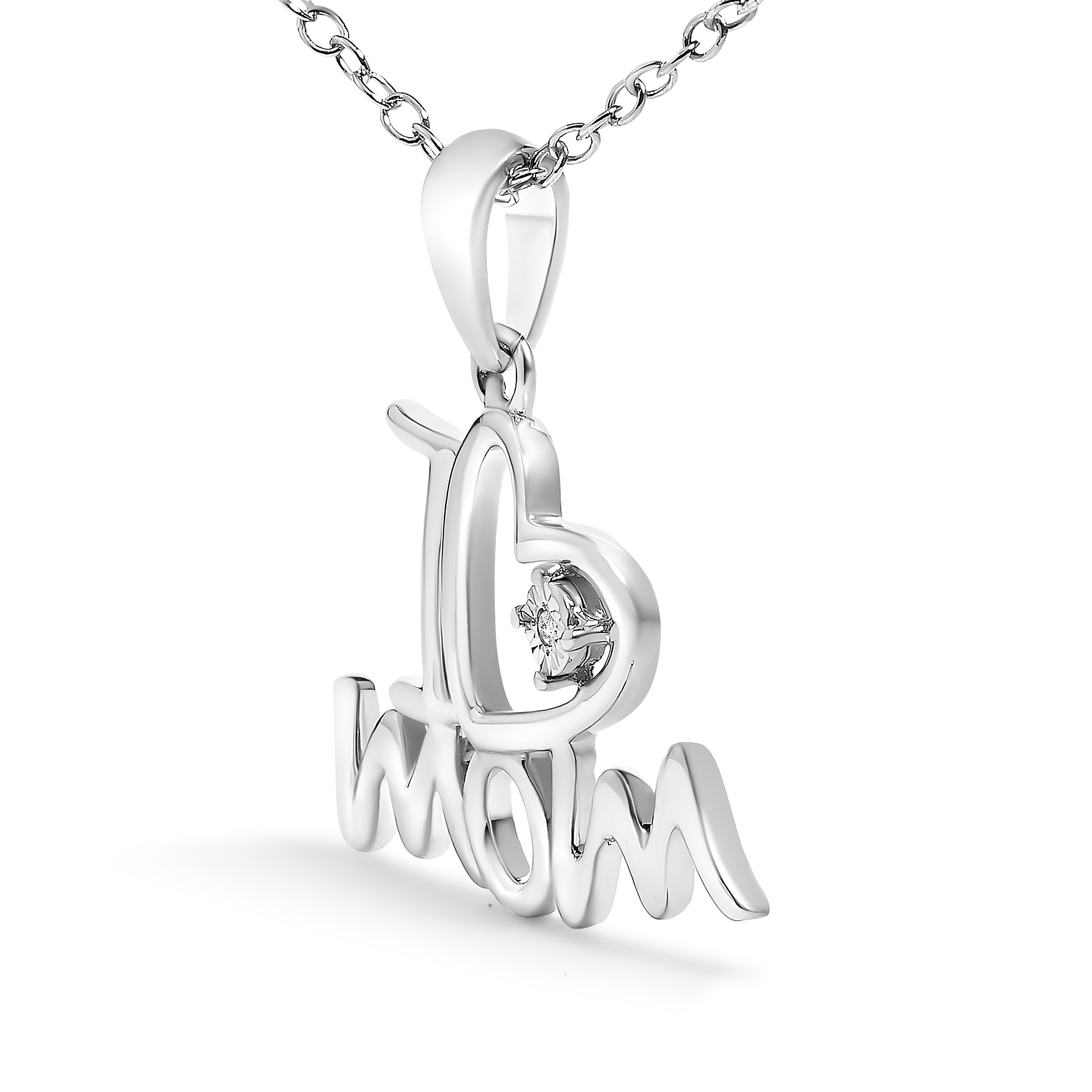 .925 Sterling Silver Diamond Accent "I Love Mom" Heart Pendant Necklace (J-K Color, I2-I3 Clarity) - 18" Inches DestGlow