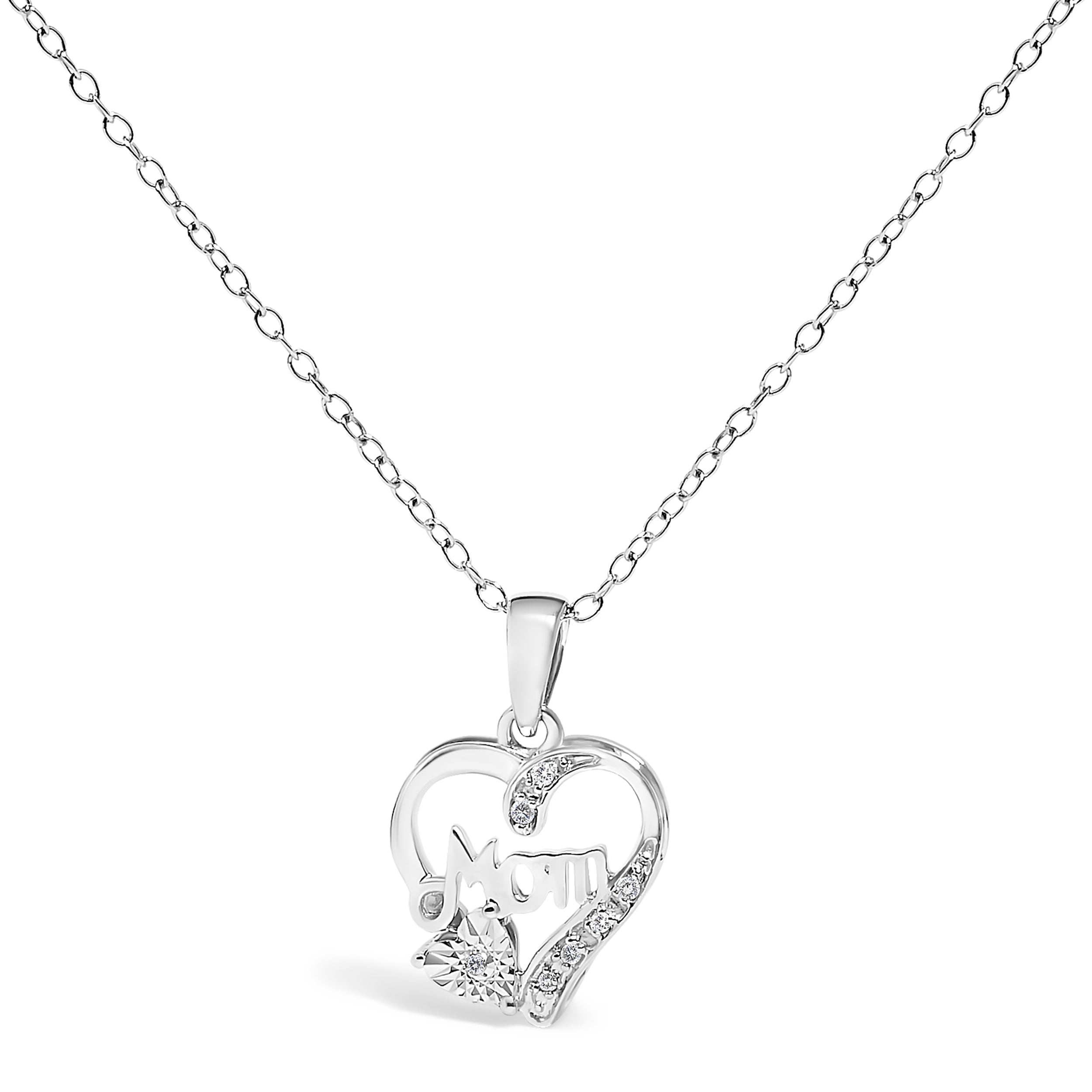 .925 Sterling Silver Diamond Accent Mom with Heart Pendant Necklace (J-K Color, I2-I3 Clarity) - 18" Inches DestGlow