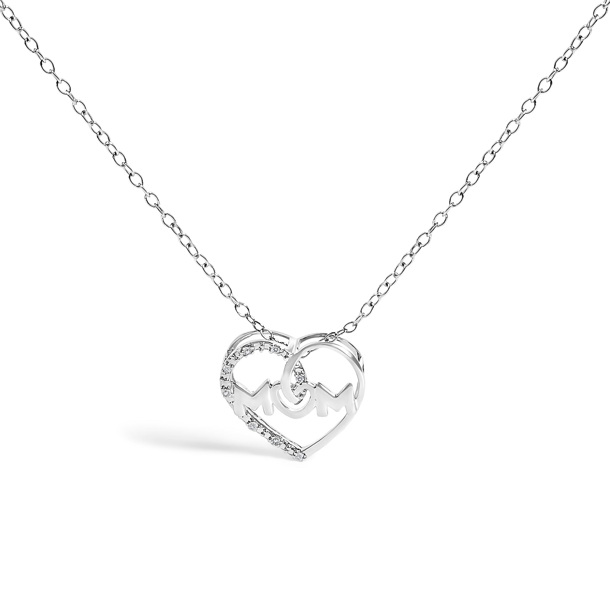 .925 Sterling Silver Diamond Accent MOM Heart Pendant Necklace (J-K Color, I2-I3 Clarity) - 18" Inches DestGlow