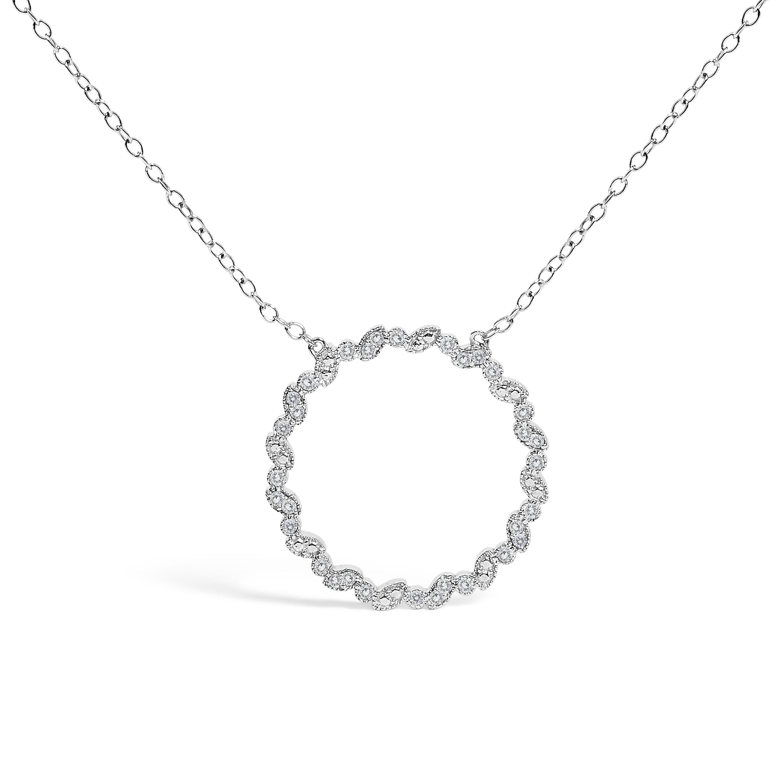 .925 Sterling Silver 1/7 Cttw Lab Grown Diamond Beaded Love Circle Pendant Necklace - Size 18 Inches DestGlow