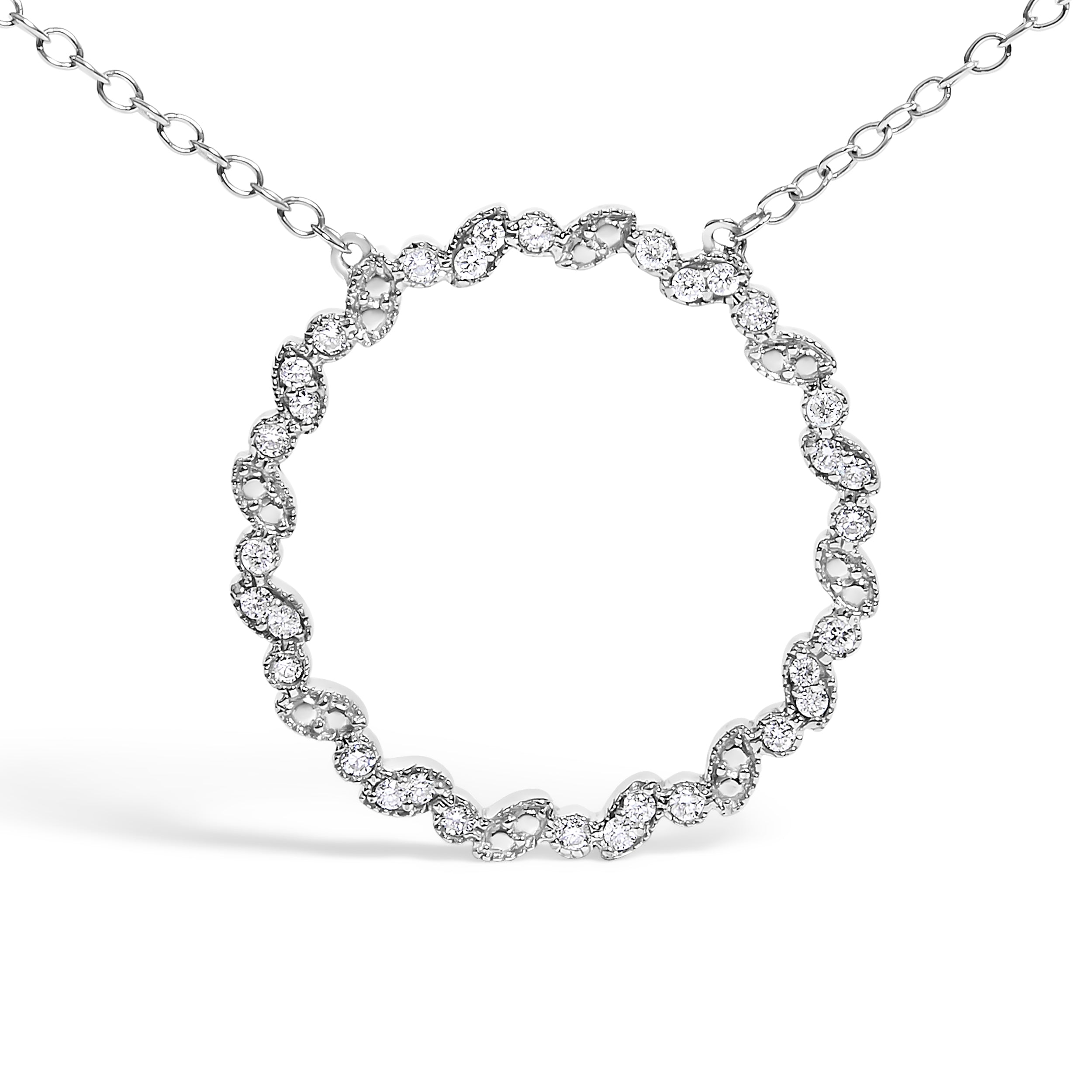 .925 Sterling Silver 1/7 Cttw Lab Grown Diamond Beaded Love Circle Pendant Necklace - Size 18 Inches DestGlow