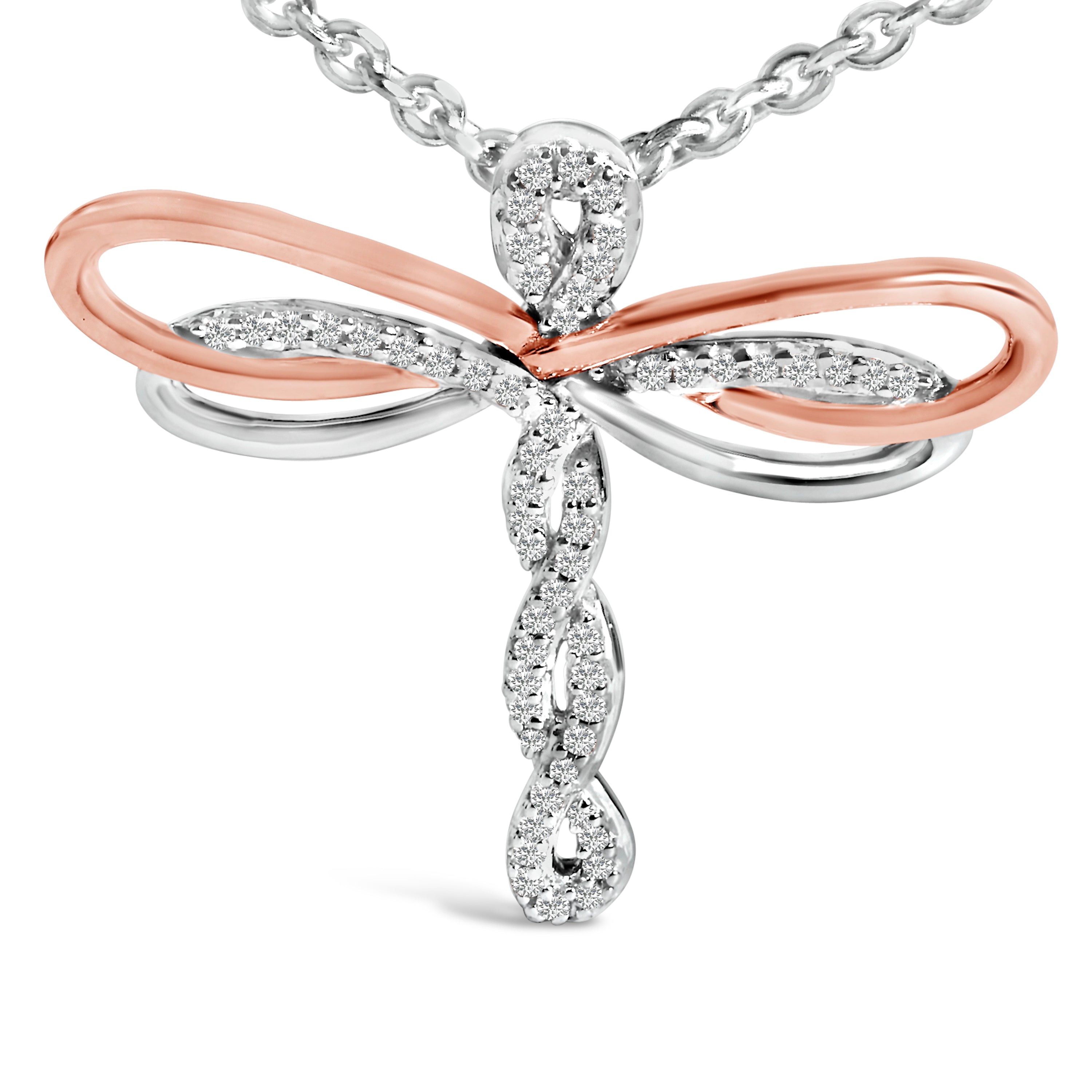 14K Rose Gold Plated Sterling Silver 1/10 Cttw Diamond Dragonfly Pendant Necklace by Bids.com