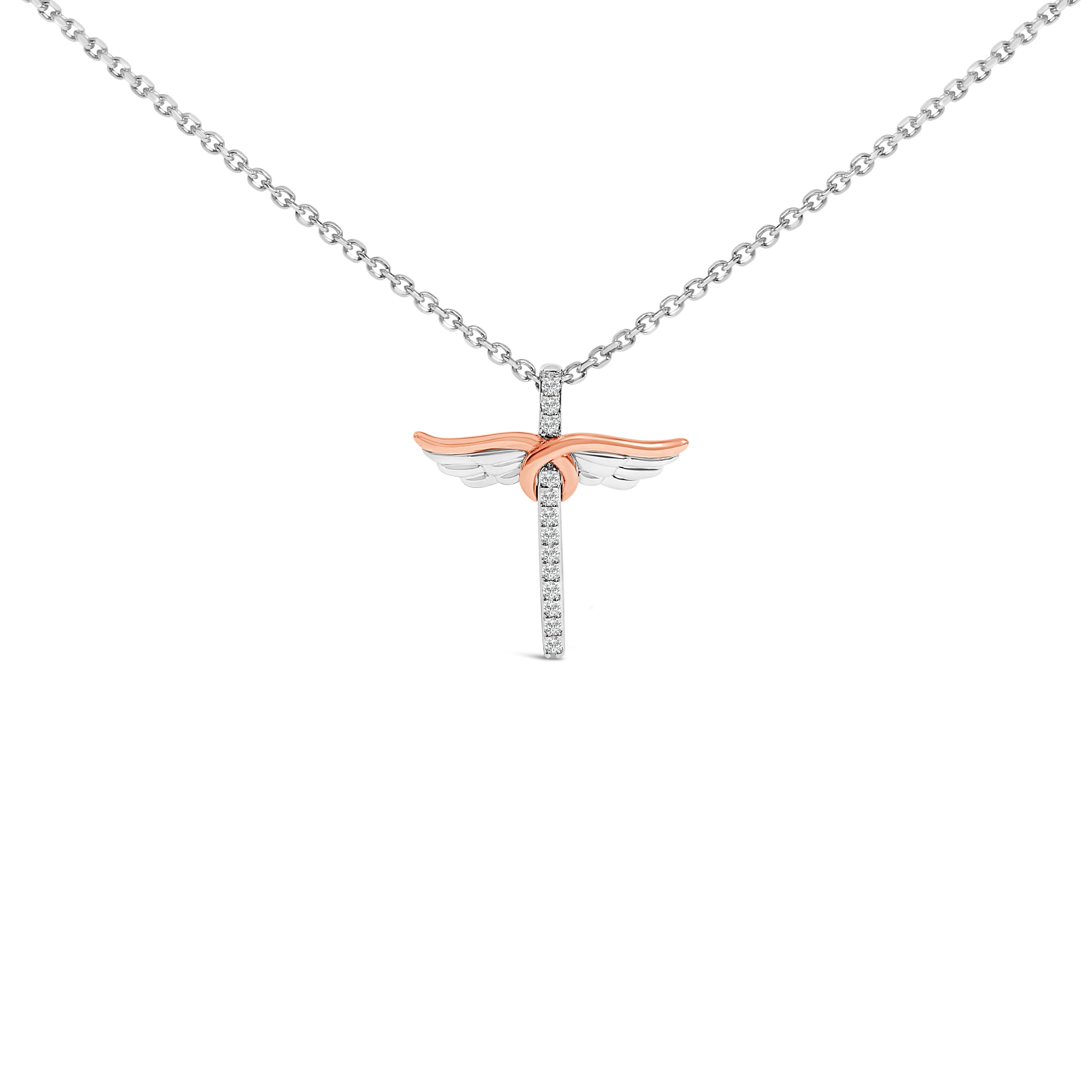 14K Rose Gold Plated Sterling Silver 1/5 Cttw Diamond Wing Cross Pendant Necklace DestGlow