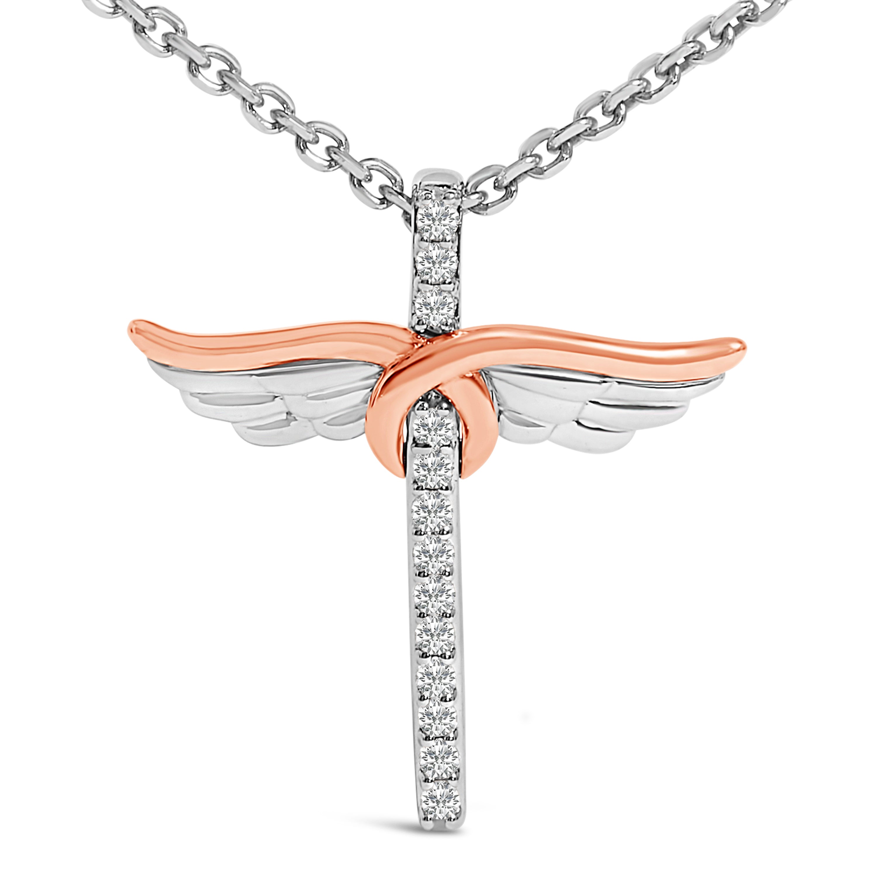 14K Rose Gold Plated Sterling Silver 1/5 Cttw Diamond Wing Cross Pendant Necklace DestGlow