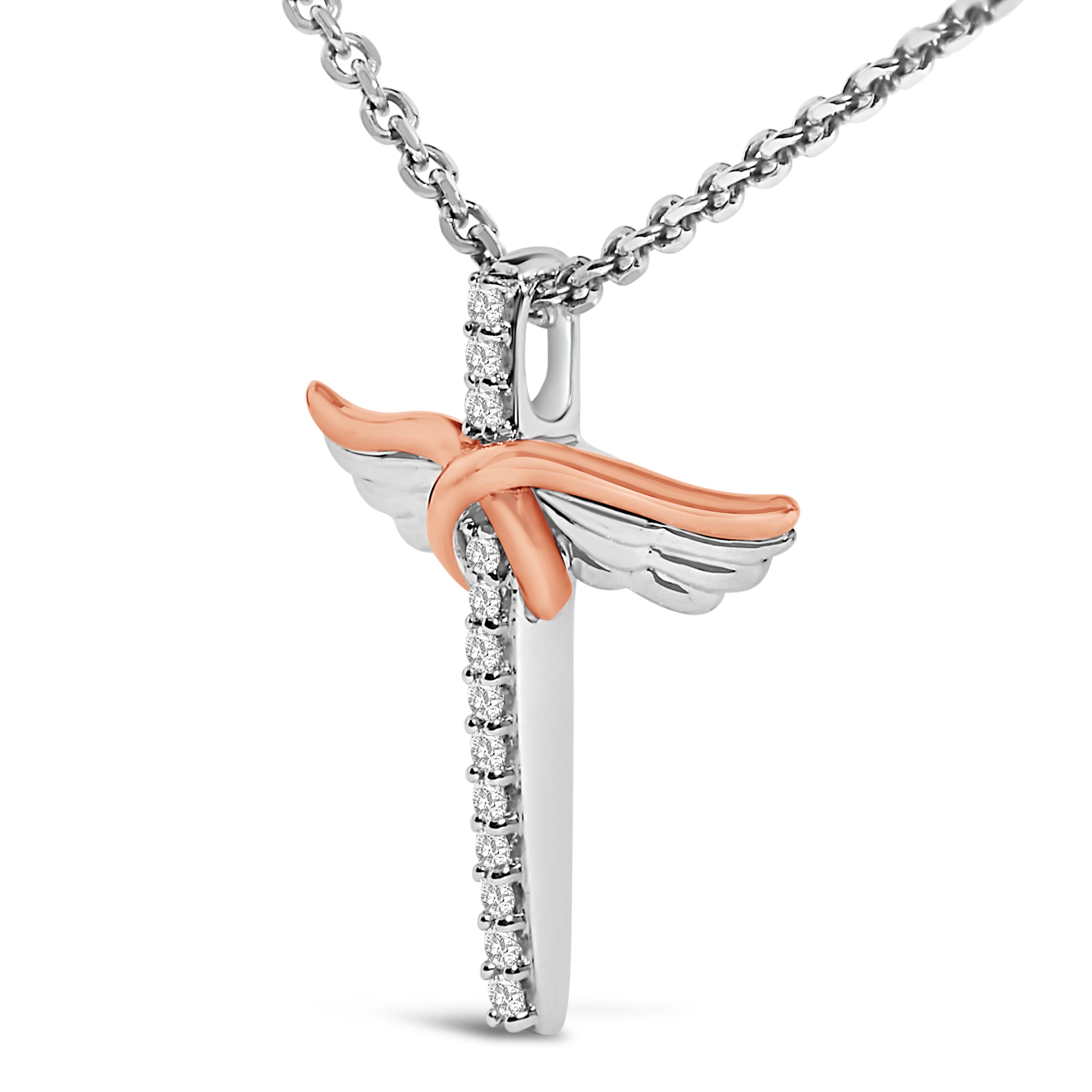 14K Rose Gold Plated Sterling Silver 1/5 Cttw Diamond Wing Cross Pendant Necklace DestGlow