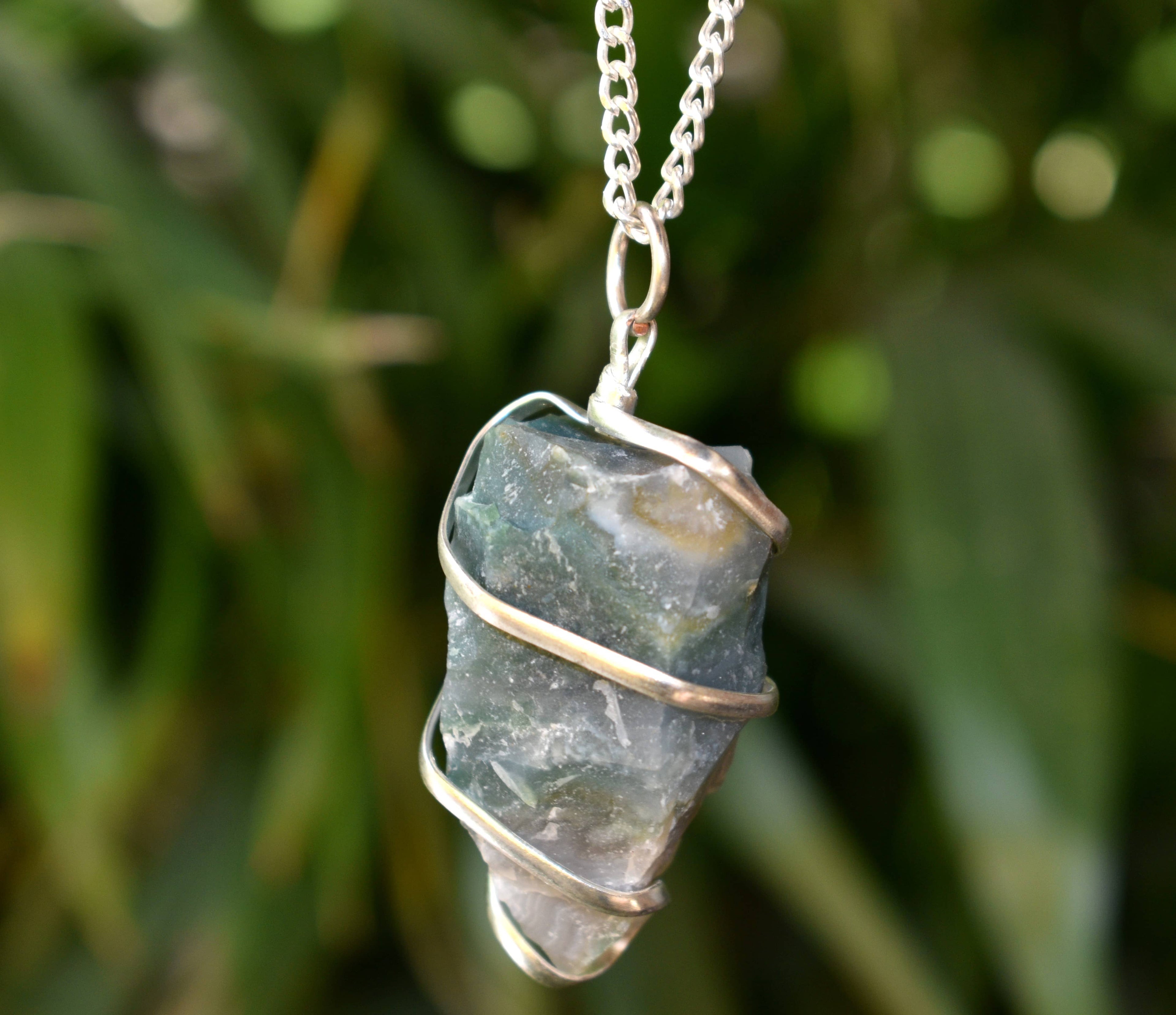 Moss Agate Raw Gemstone Pendant, Wire Wrapped Crystal Stone Pendant DestGlow