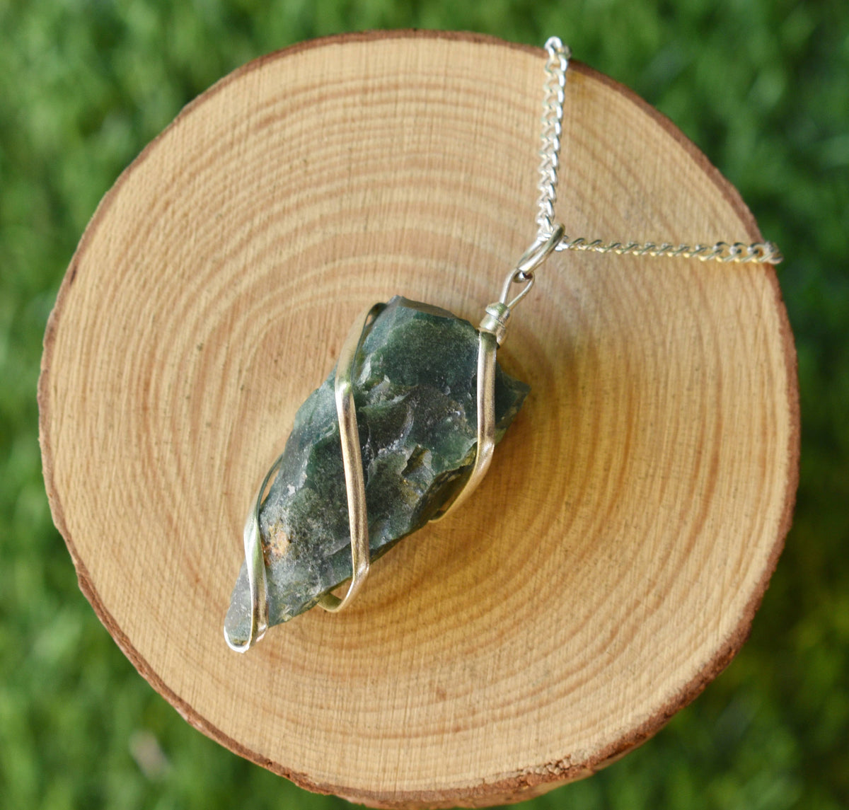 Moss Agate Raw Gemstone Pendant, Wire Wrapped Crystal Stone Pendant DestGlow