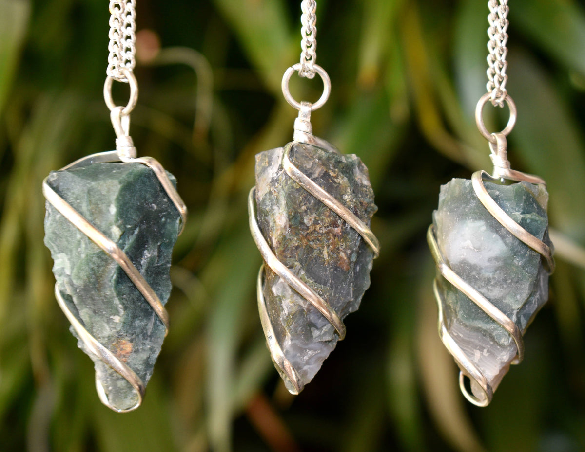 Moss Agate Raw Gemstone Pendant, Wire Wrapped Crystal Stone Pendant DestGlow