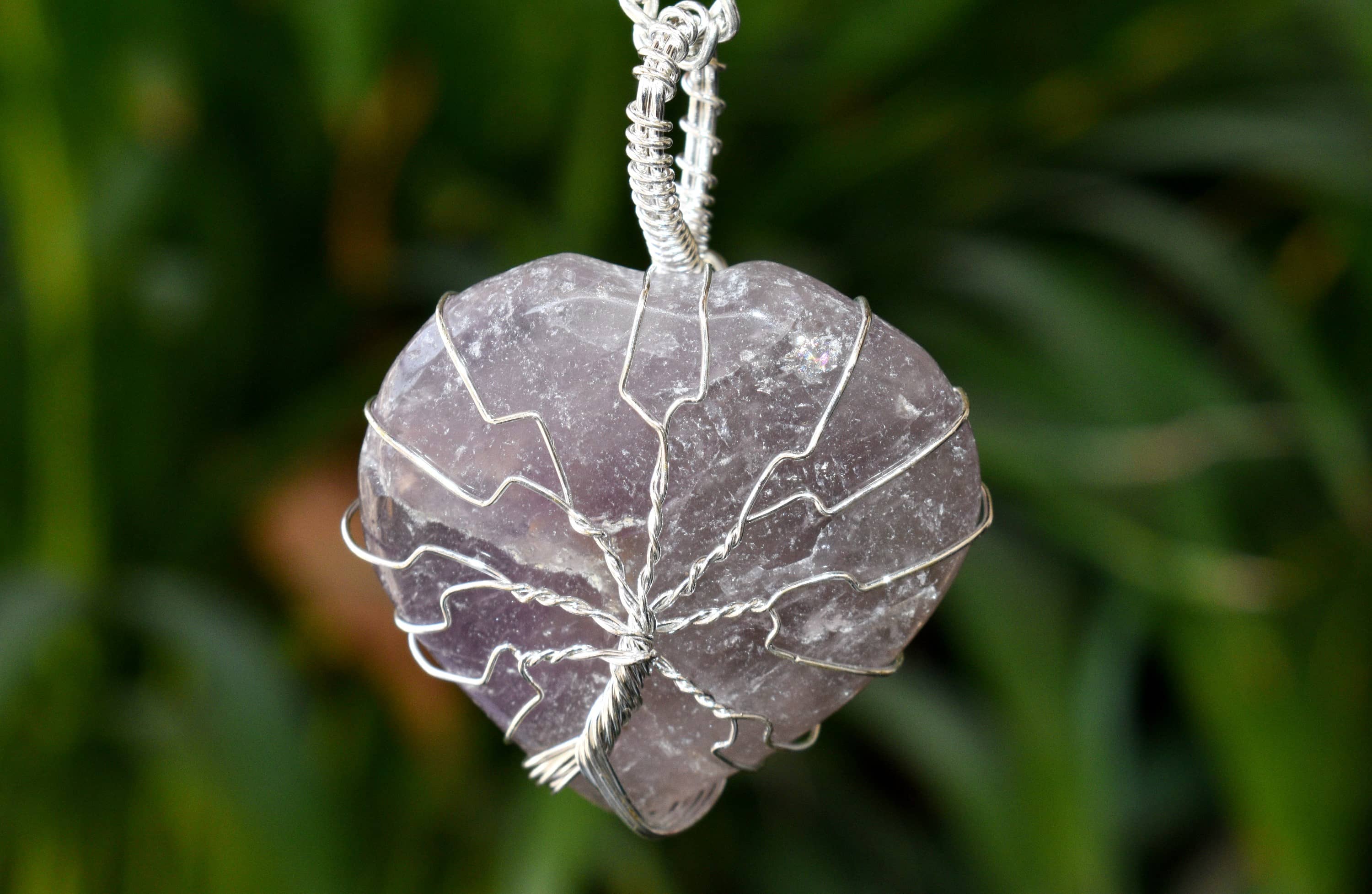 Amethyst Heart Silver Wire Wrapped Pendant, Crystal Heart Silver Wrapped Pendant DestGlow