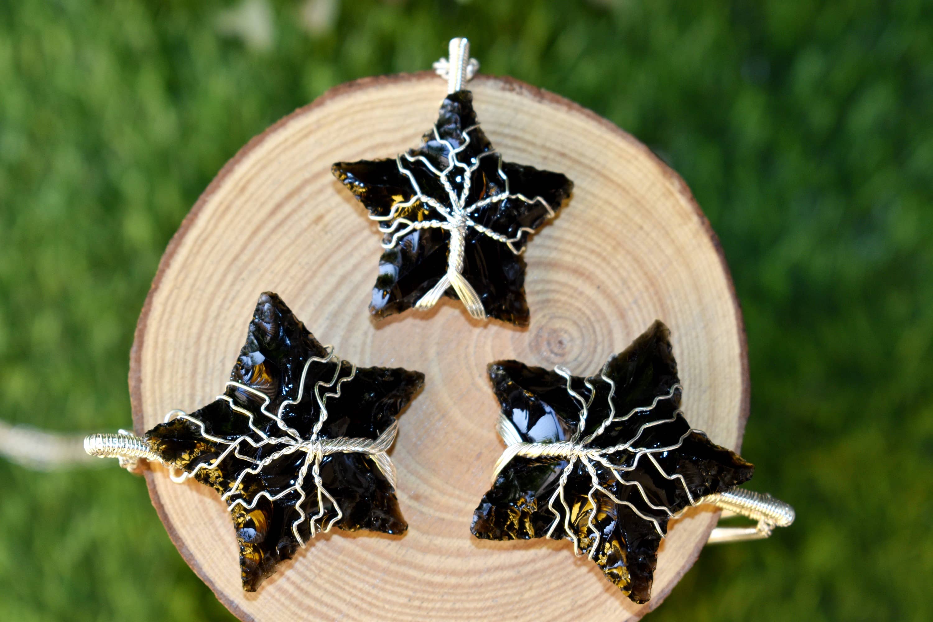 Black Obsidian Star Wire Wrapped Pendants, Silver Necklace with Chain DestGlow