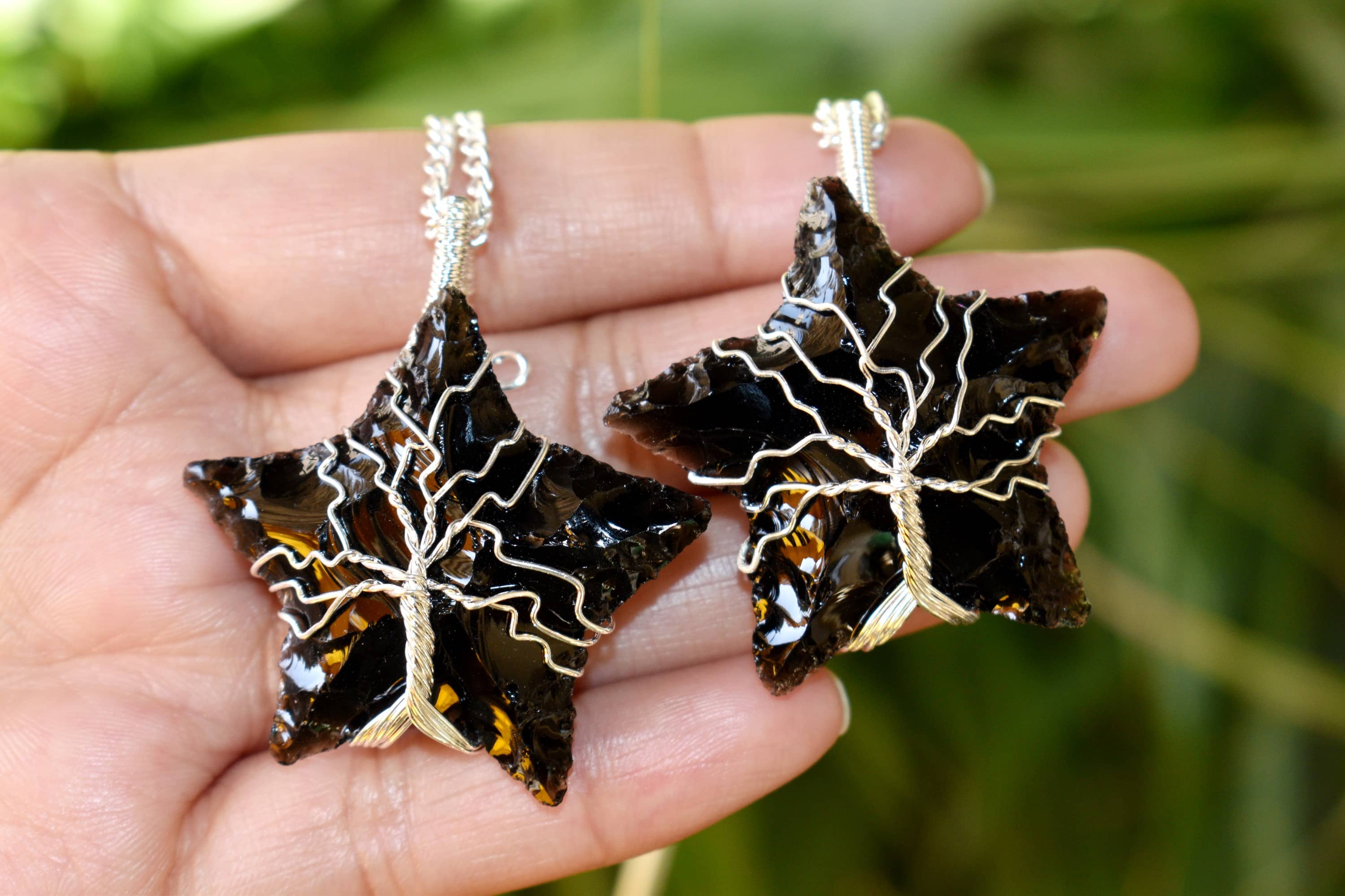 Black Obsidian Star Wire Wrapped Pendants, Silver Necklace with Chain DestGlow
