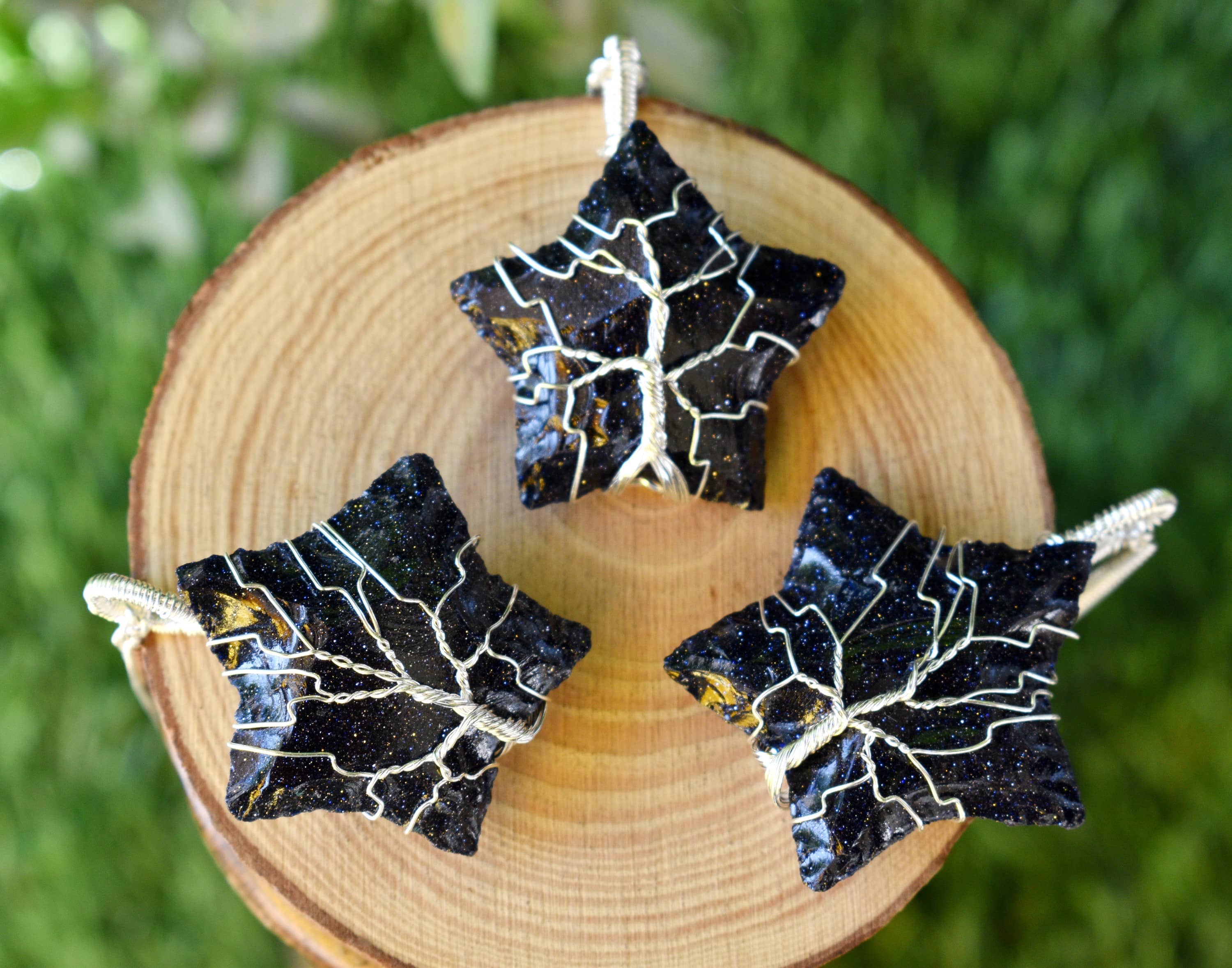 Blue Sandstone Star Wire Wrapped Pendants, Silver Necklace with Chain DestGlow