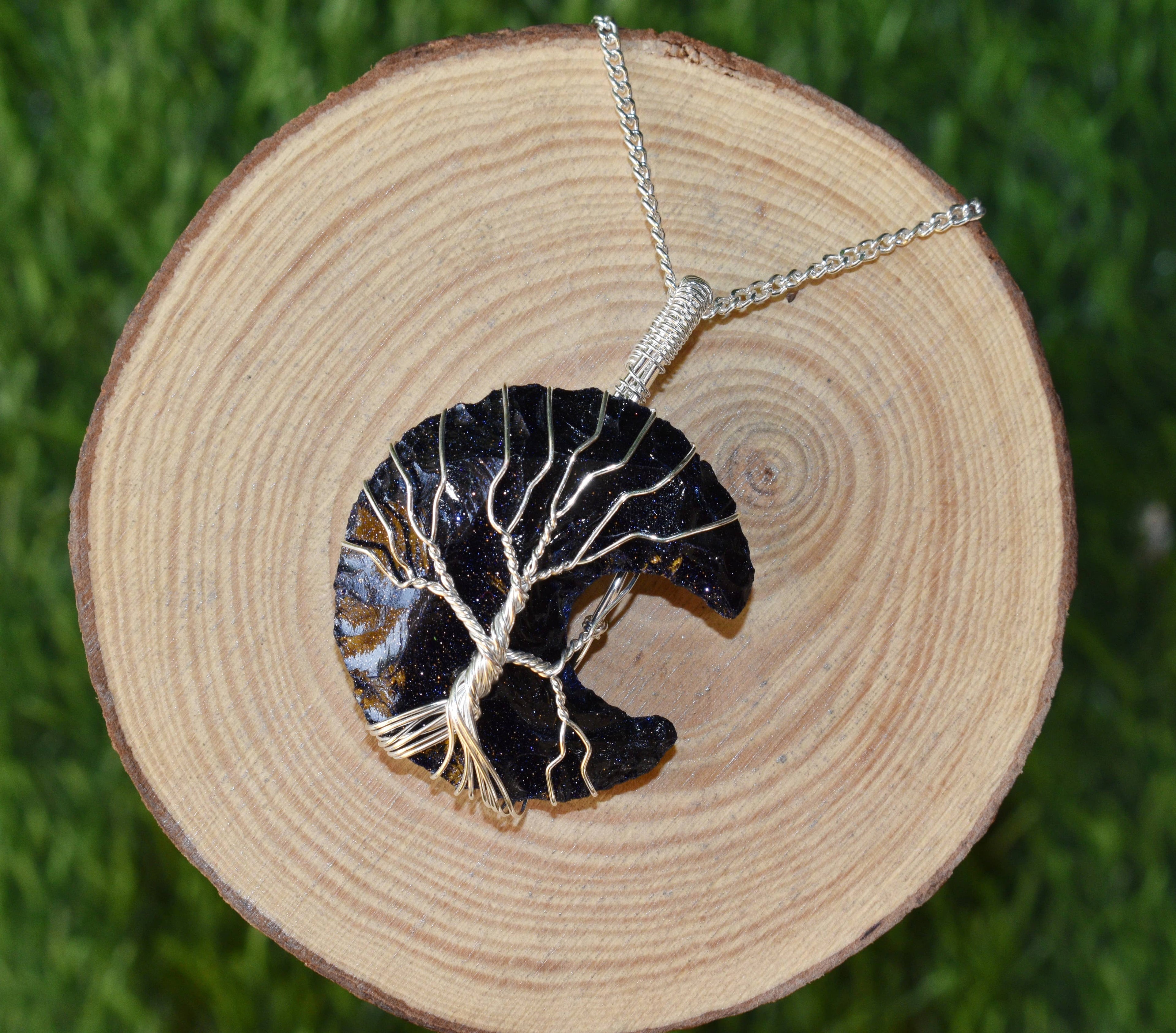 Blue Sandstone Moon Silver Wire Wrapped Pendant, Crystal Moon Pendant