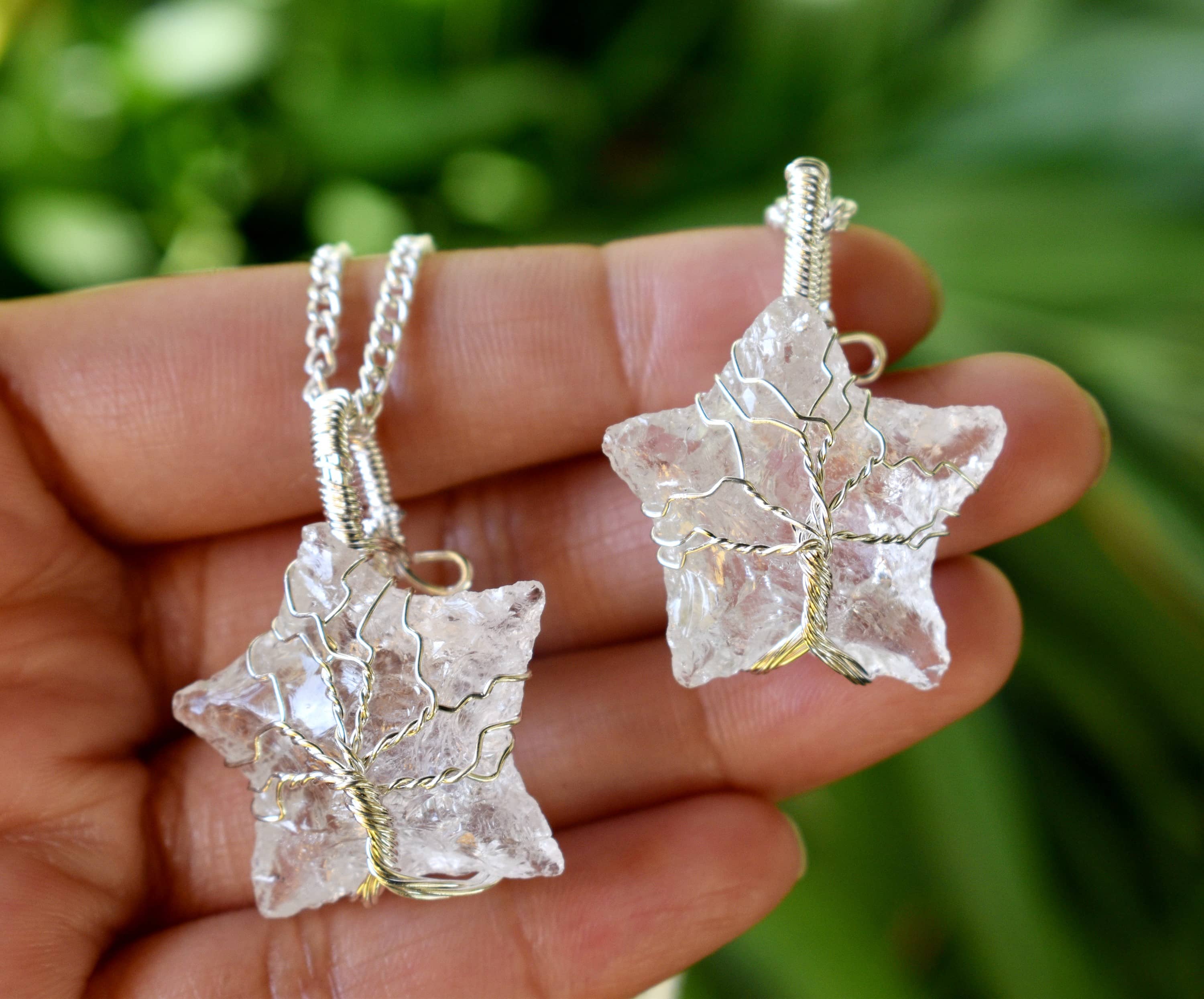 Crystal Quartz Star Wire Wrapped Pendants, Silver Necklace with Chain DestGlow