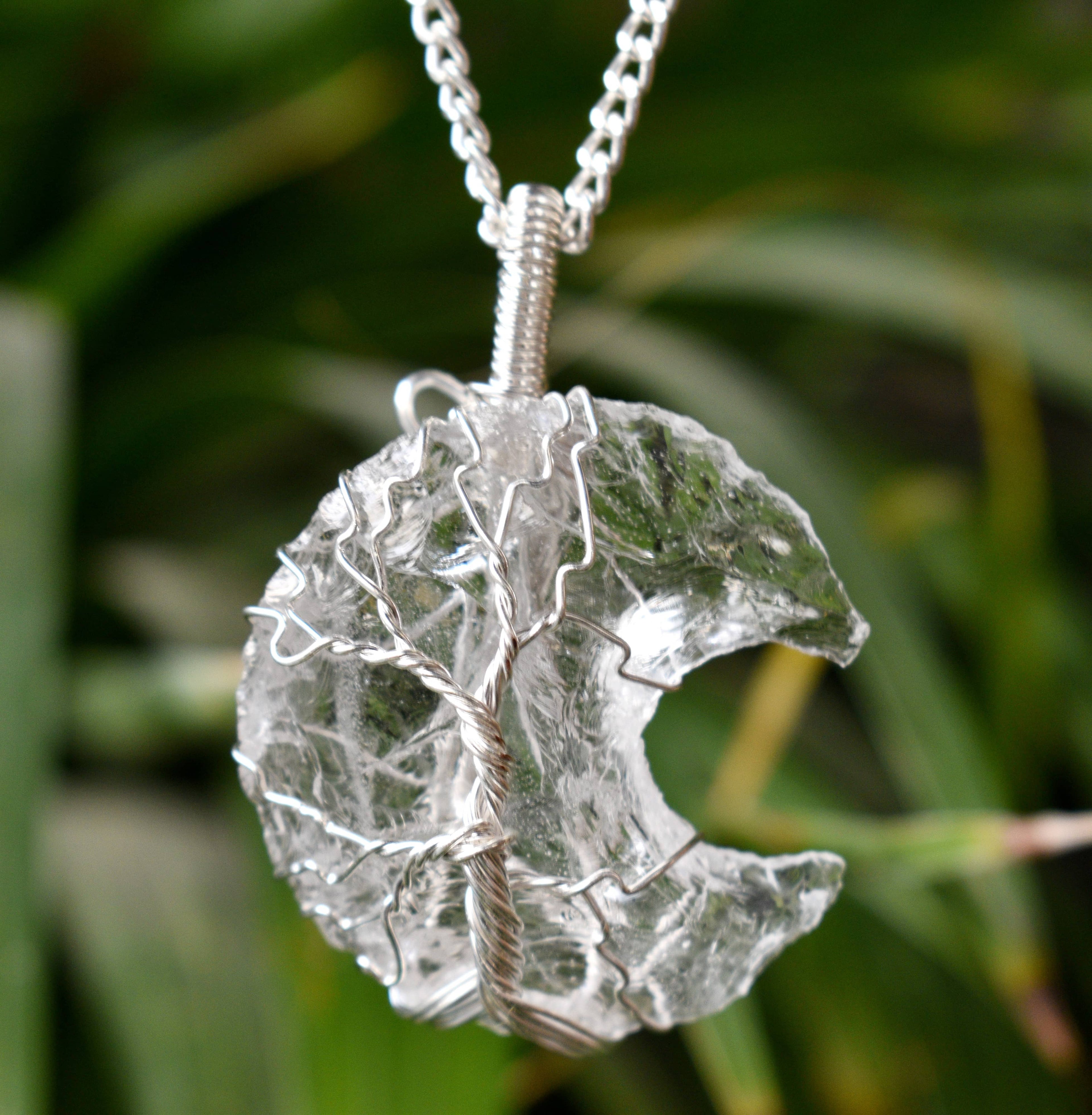 Crystal Quartz Moon Silver Wire Wrapped Pendant, Crystal Moon Pendant