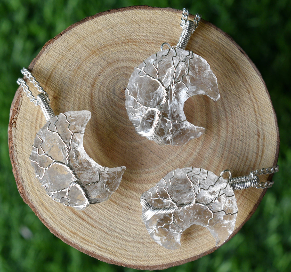 Crystal Quartz Moon Silver Wire Wrapped Pendant, Crystal Moon Pendant