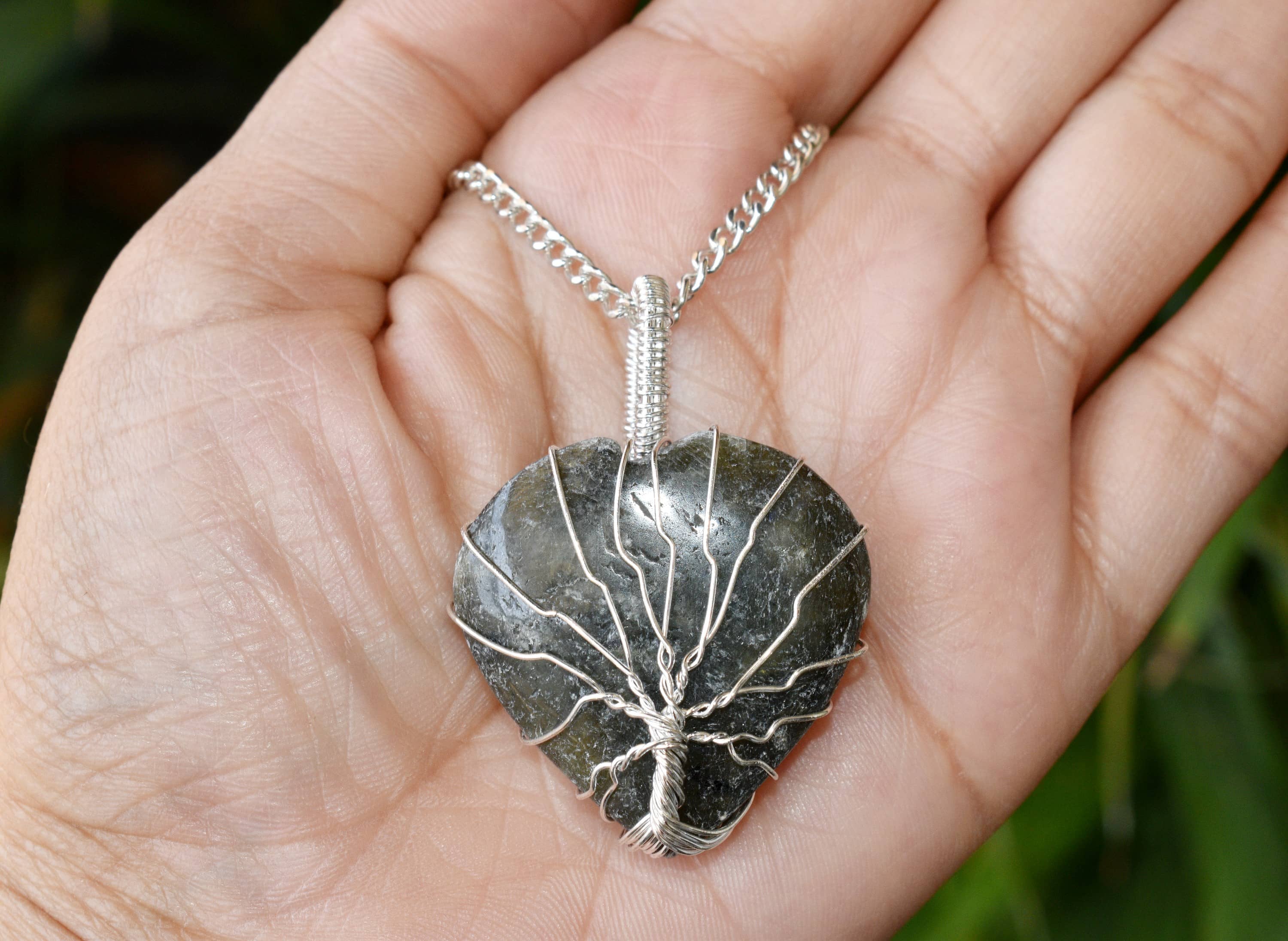 Labradorite Heart Silver Wire Wrapped Pendant, Crystal Heart Gemstone Pendant DestGlow