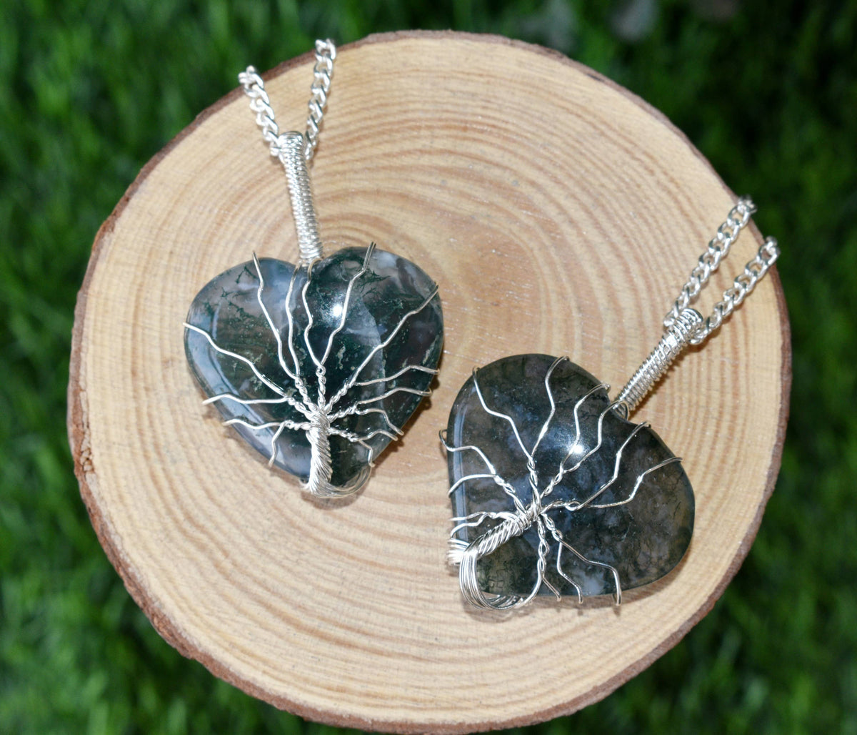 Moss Agate Heart Silver Wire Wrapped Pendant, Crystal Heart Gemstone Pendant. DestGlow