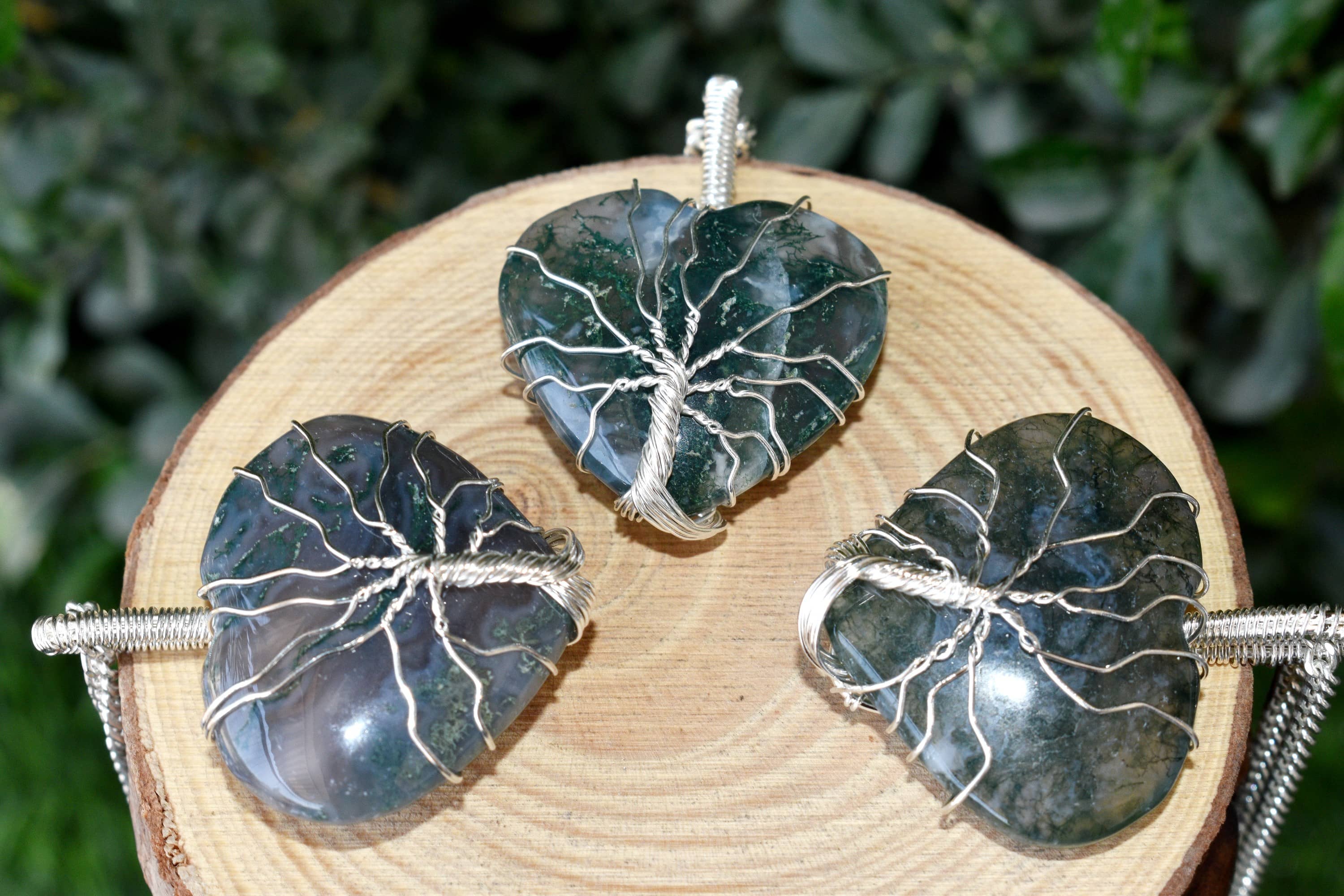 Moss Agate Heart Silver Wire Wrapped Pendant, Crystal Heart Gemstone Pendant. DestGlow