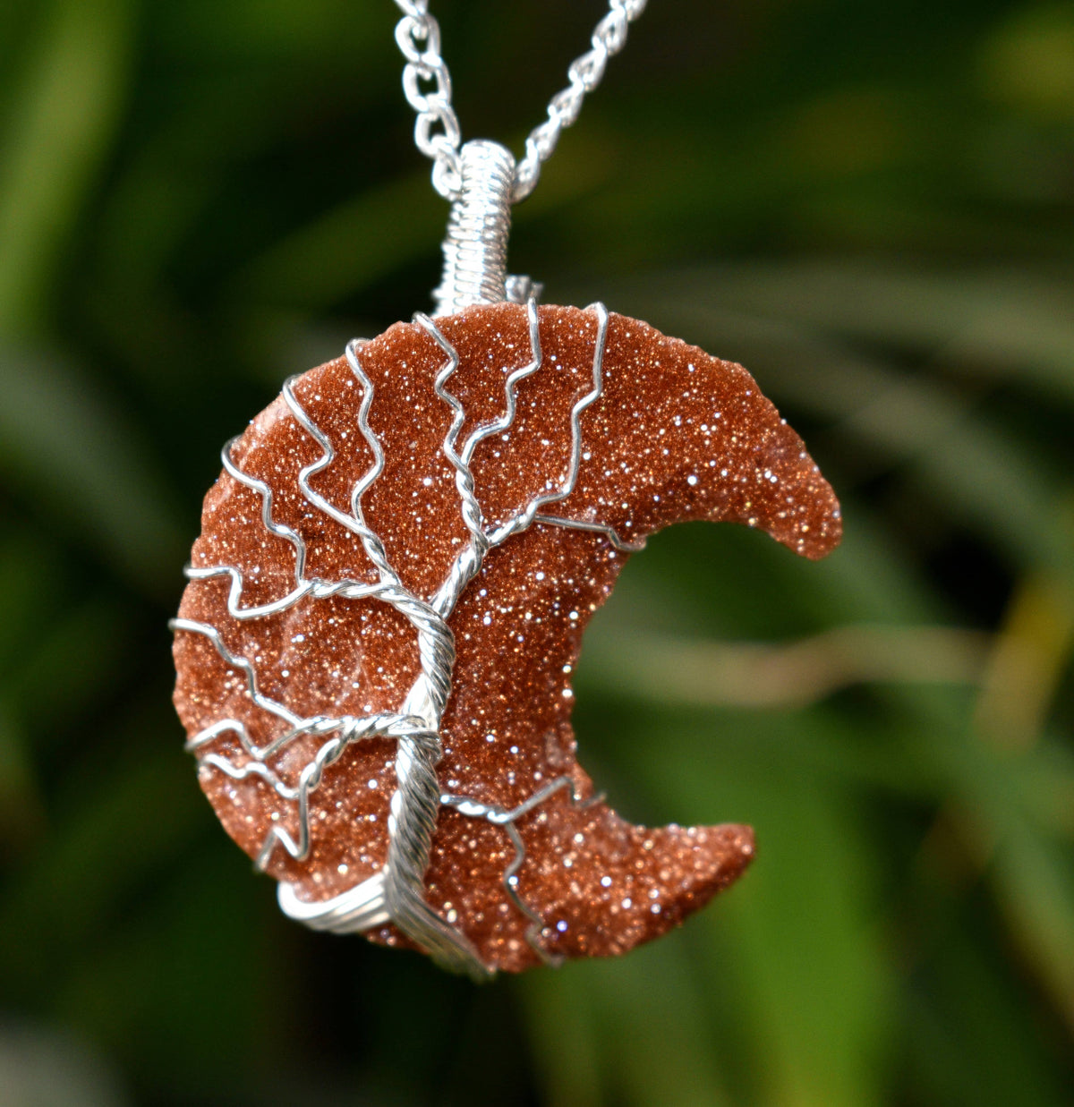 Red Sandstone Moon Silver Wire Wrapped Pendant, Crystal Moon Pendant