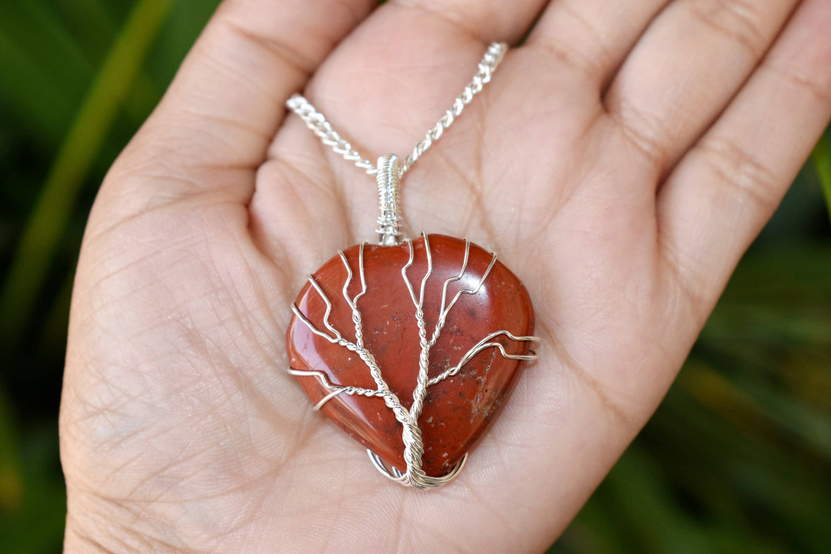 Red Jasper Heart Silver Wire Wrapped Pendant, Crystal Heart Gemstone Pendant DestGlow
