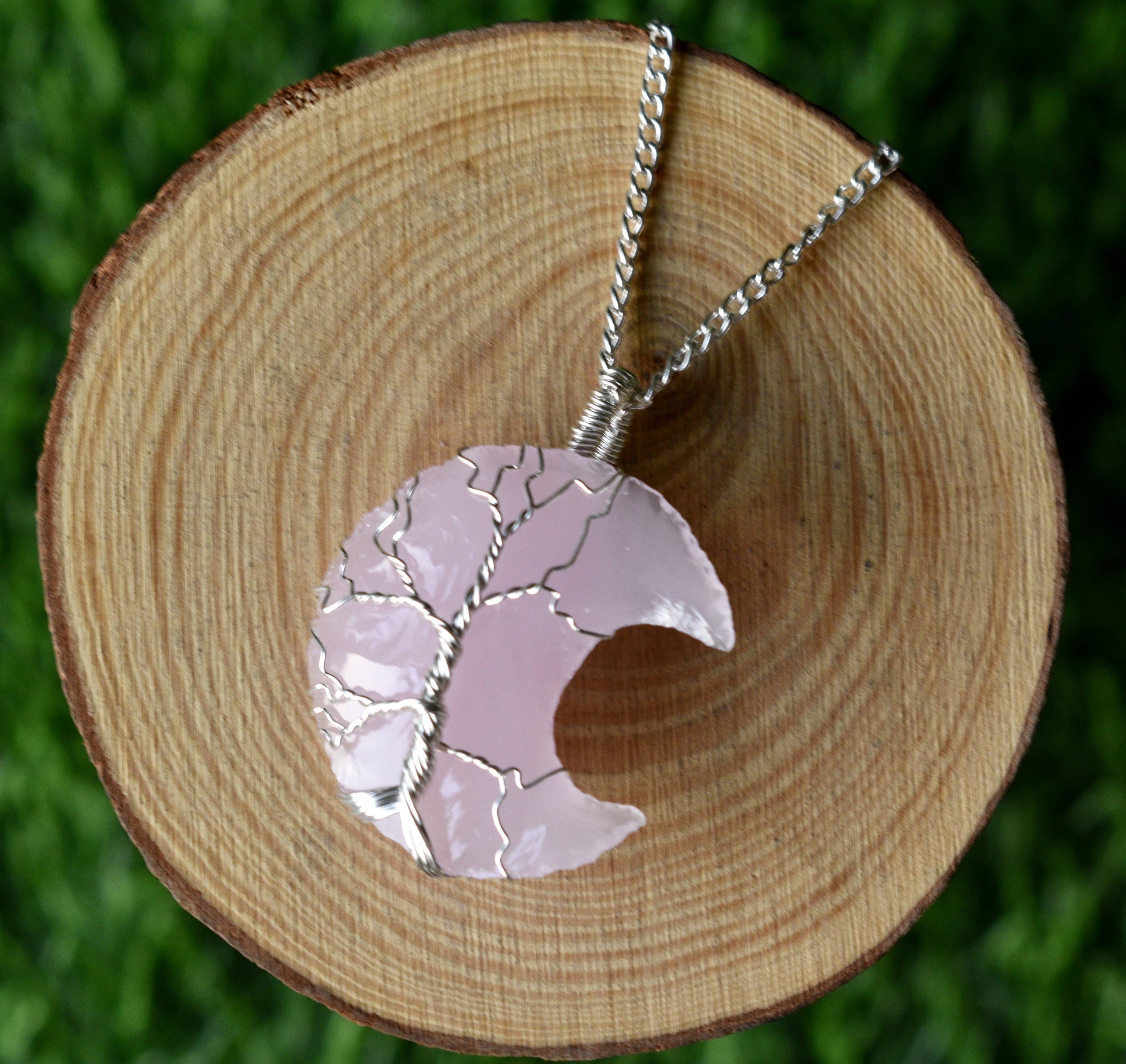 Rose Quartz Moon Silver Wire Wrapped Pendant, Crystal Moon Pendant