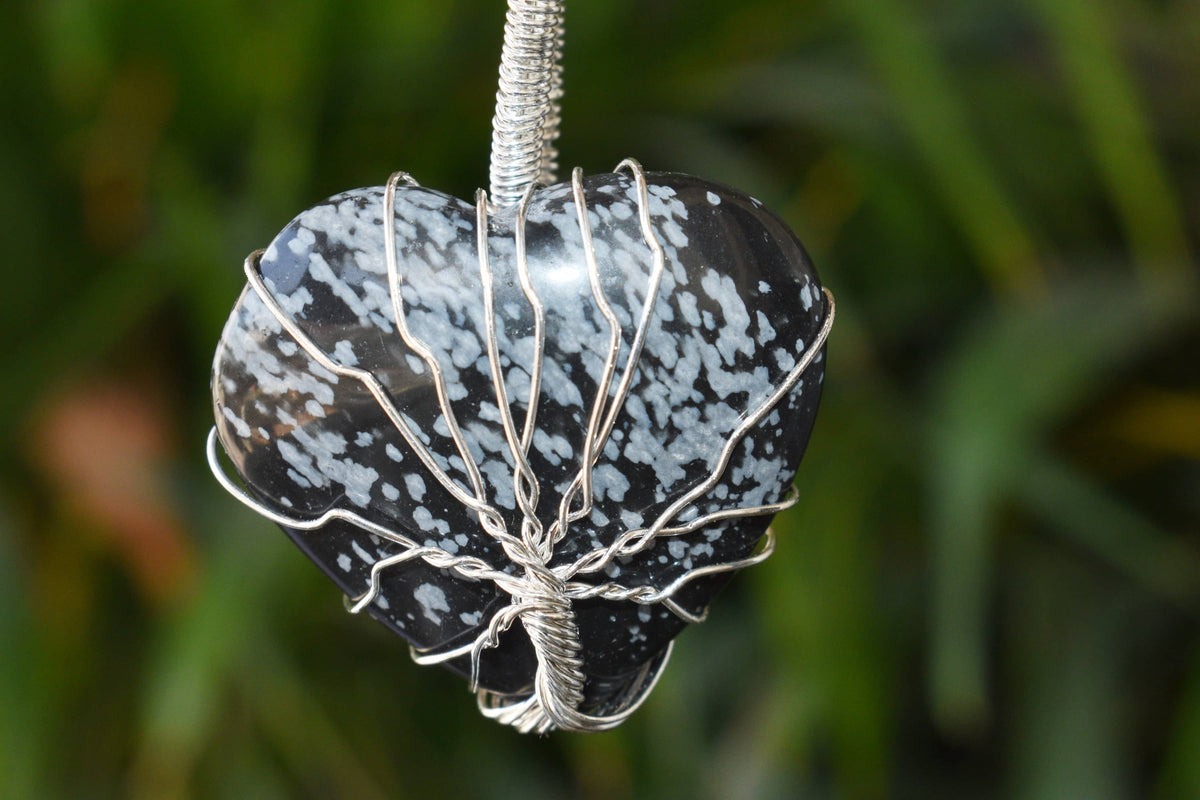 Snowflake Obsidian Heart Silver Wire Wrapped Pendant, Crystal Heart Gemstone Pendant DestGlow
