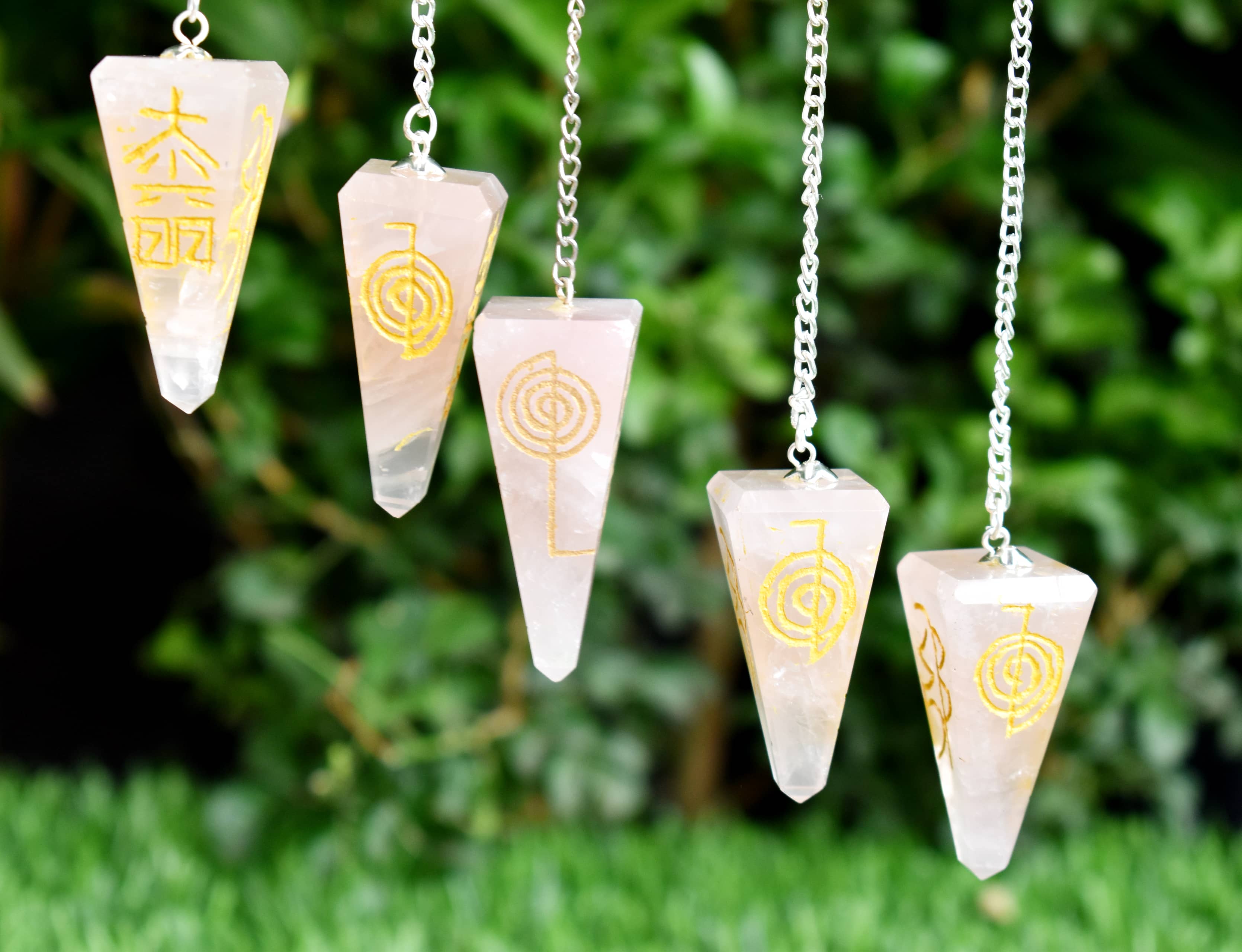 Rose Quartz Reiki Faceted Hexagon Pendulum, Reiki Crystal Pendulum DestGlow