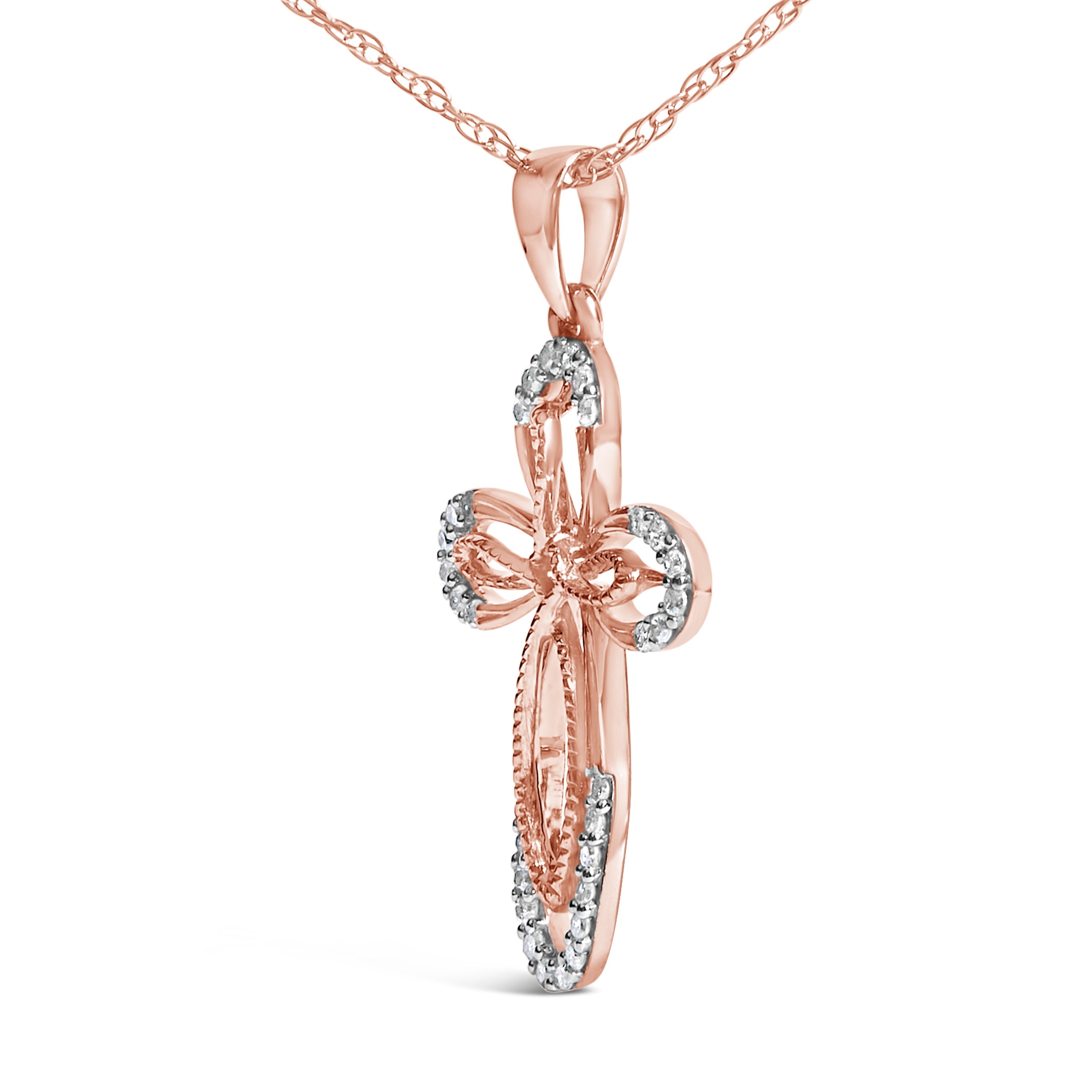 10K Rose Gold Plated Sterling Silver 1/6 Cttw Diamond Double Loop Cross Pendant Necklace DestGlow