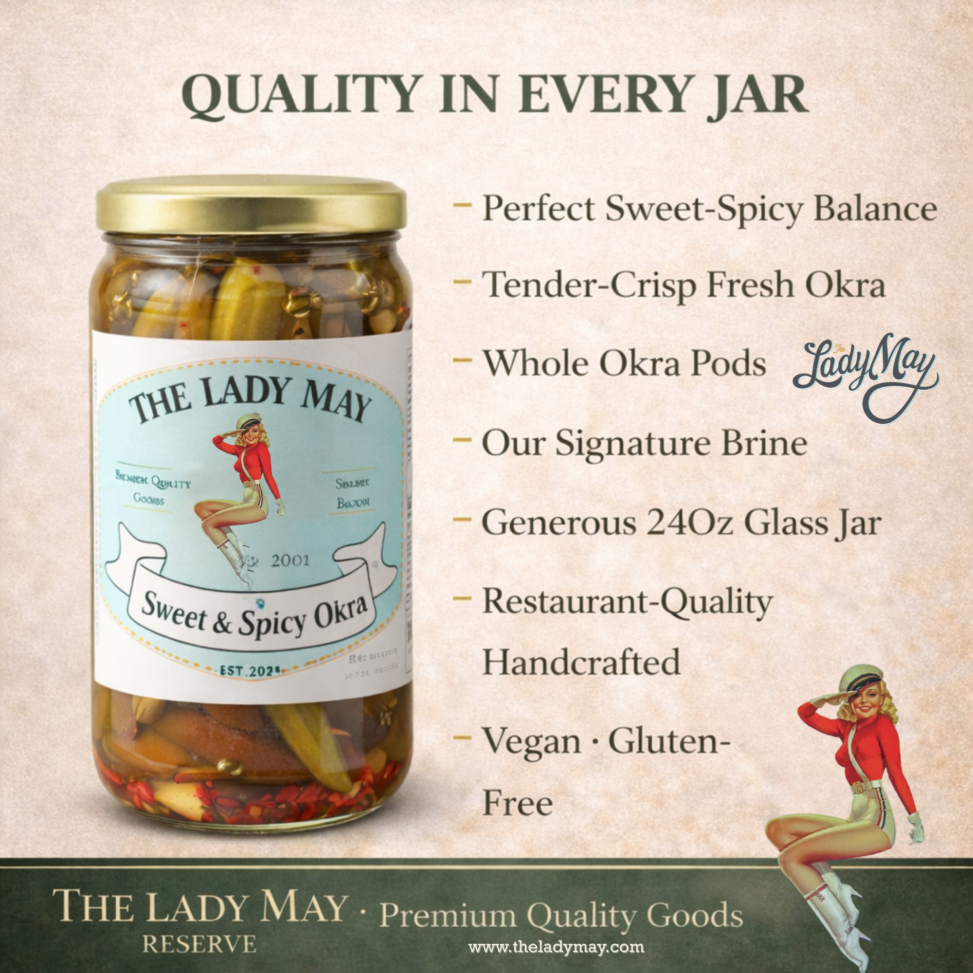 Lady May Sweet & Spicy Pickled Okra – 2 Pack (24oz Jars) – Southern Style Whole Fresh Okra Pods – Small Batch Restaurant Made – Sweet Heat with Jalapeño & Garlic by The Lady May