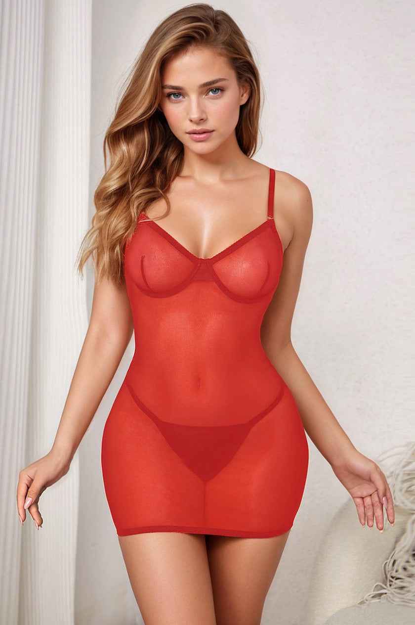 Plus Size Mesh Lace-Up Back Lingerie Chemise