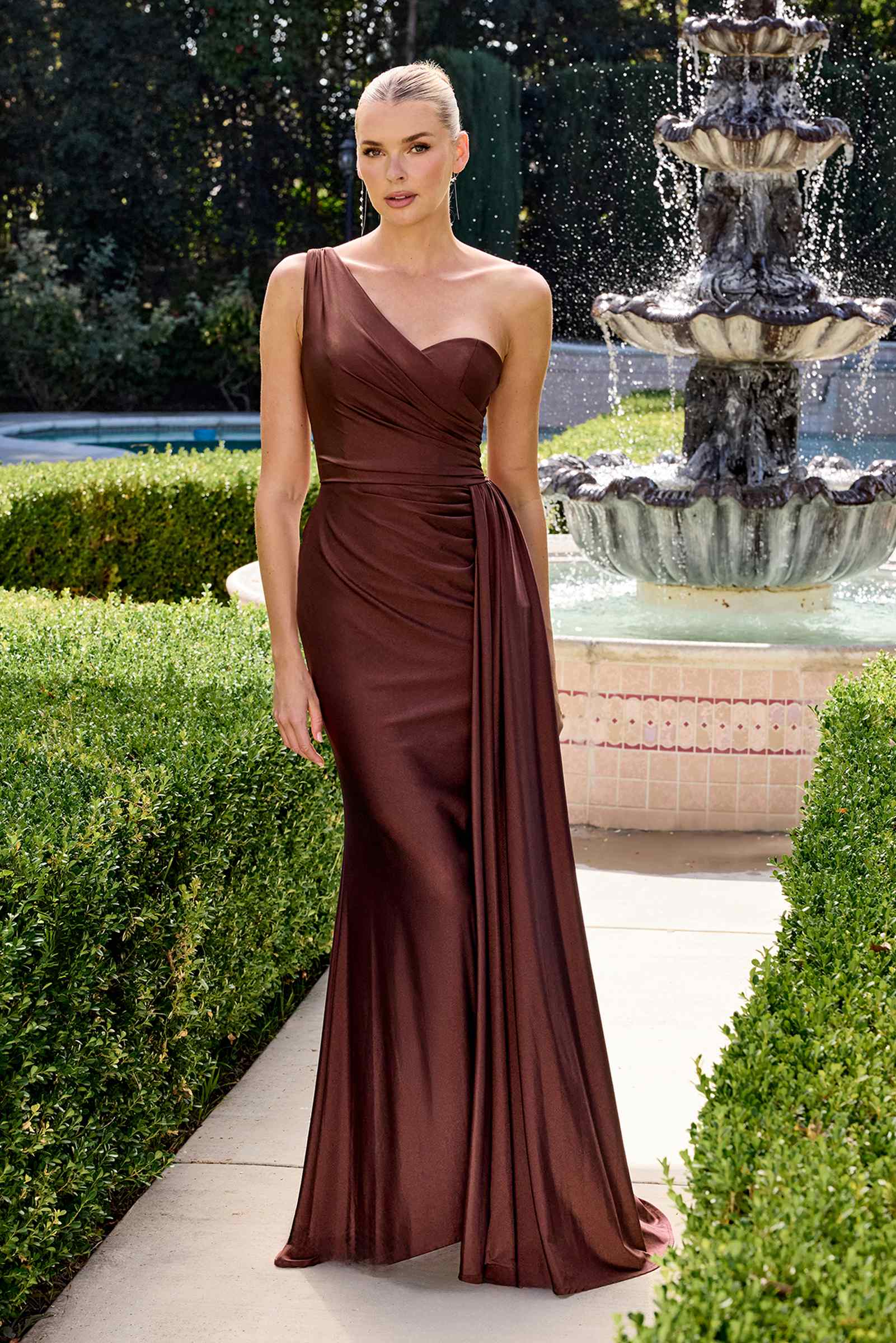 Ladivine PT004C Long Chic One Shoulder Stretch Satin Side Sash Gown by DiscountDressShop