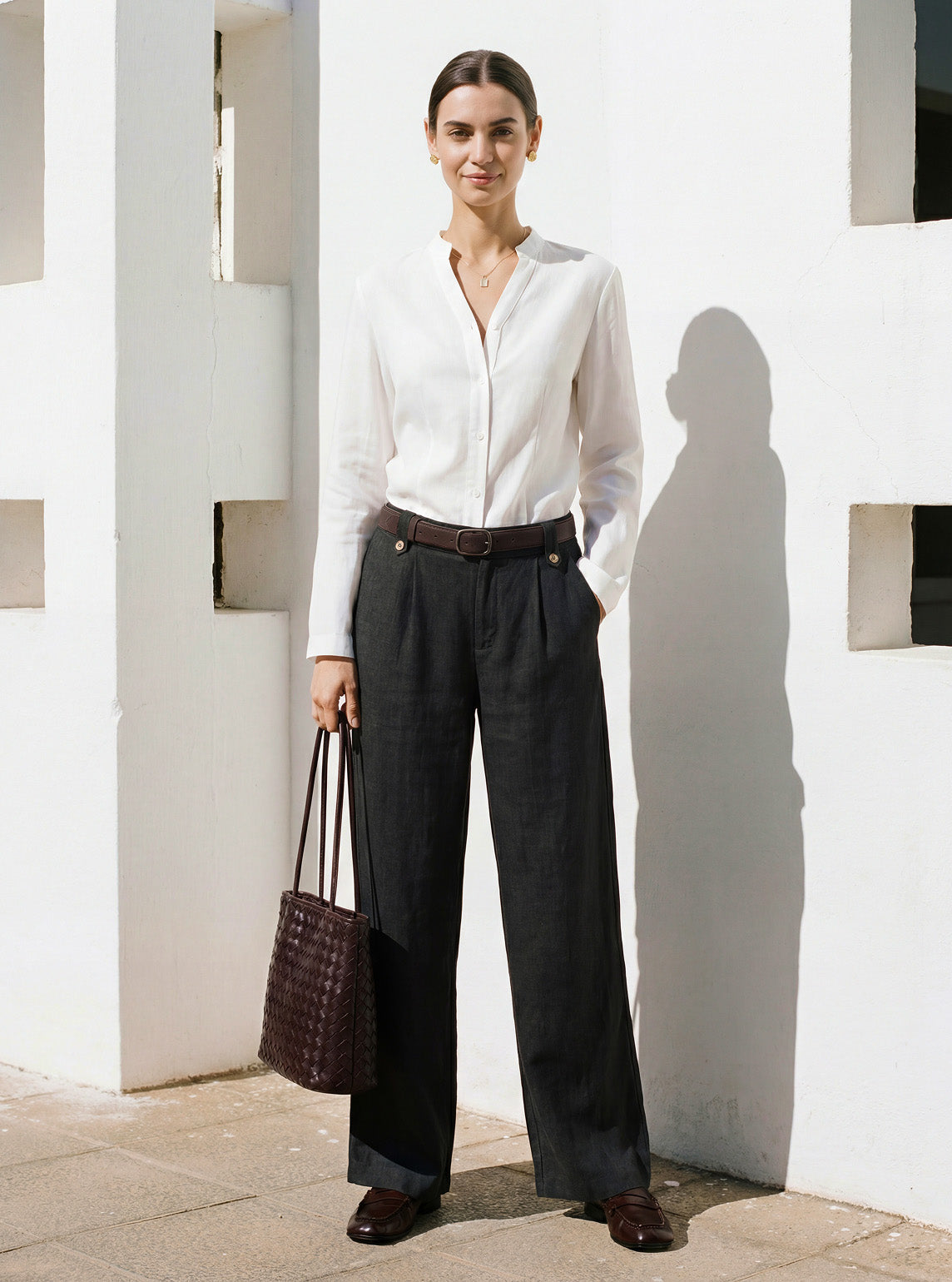 Linen-Lyocell Pleated Wide Leg Trousers with Back Elastic & Button Detail AISLING by LINTICO