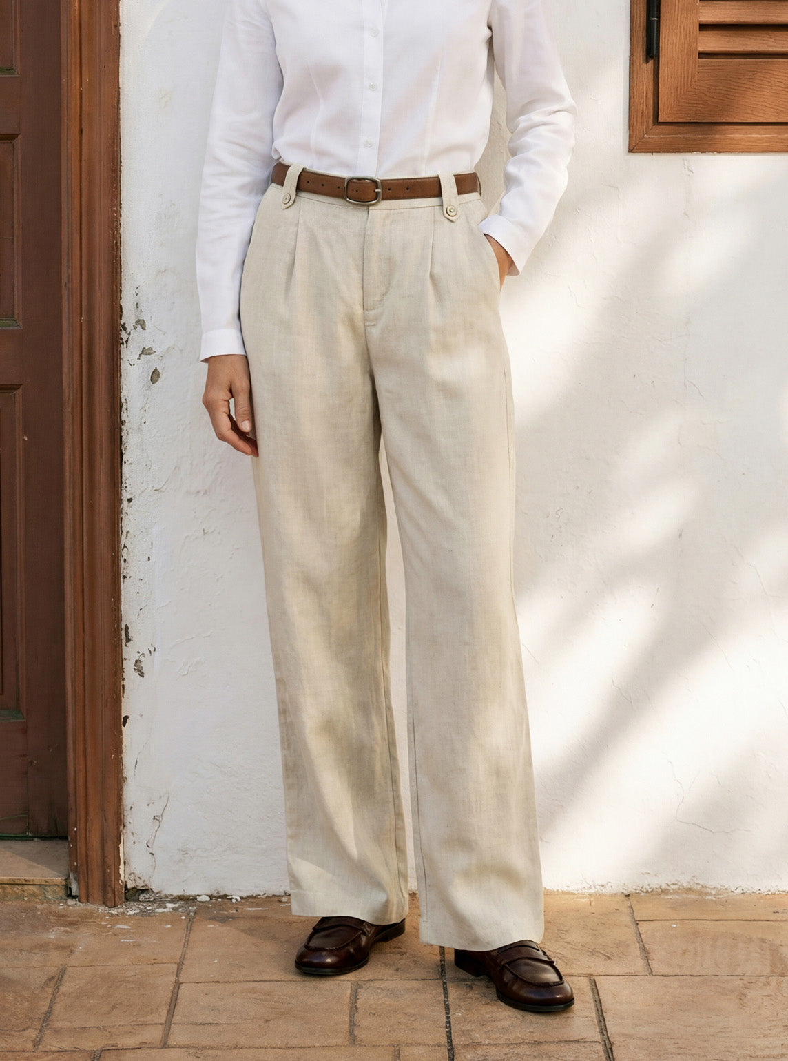 Linen-Lyocell Pleated Wide Leg Trousers with Back Elastic & Button Detail AISLING by LINTICO
