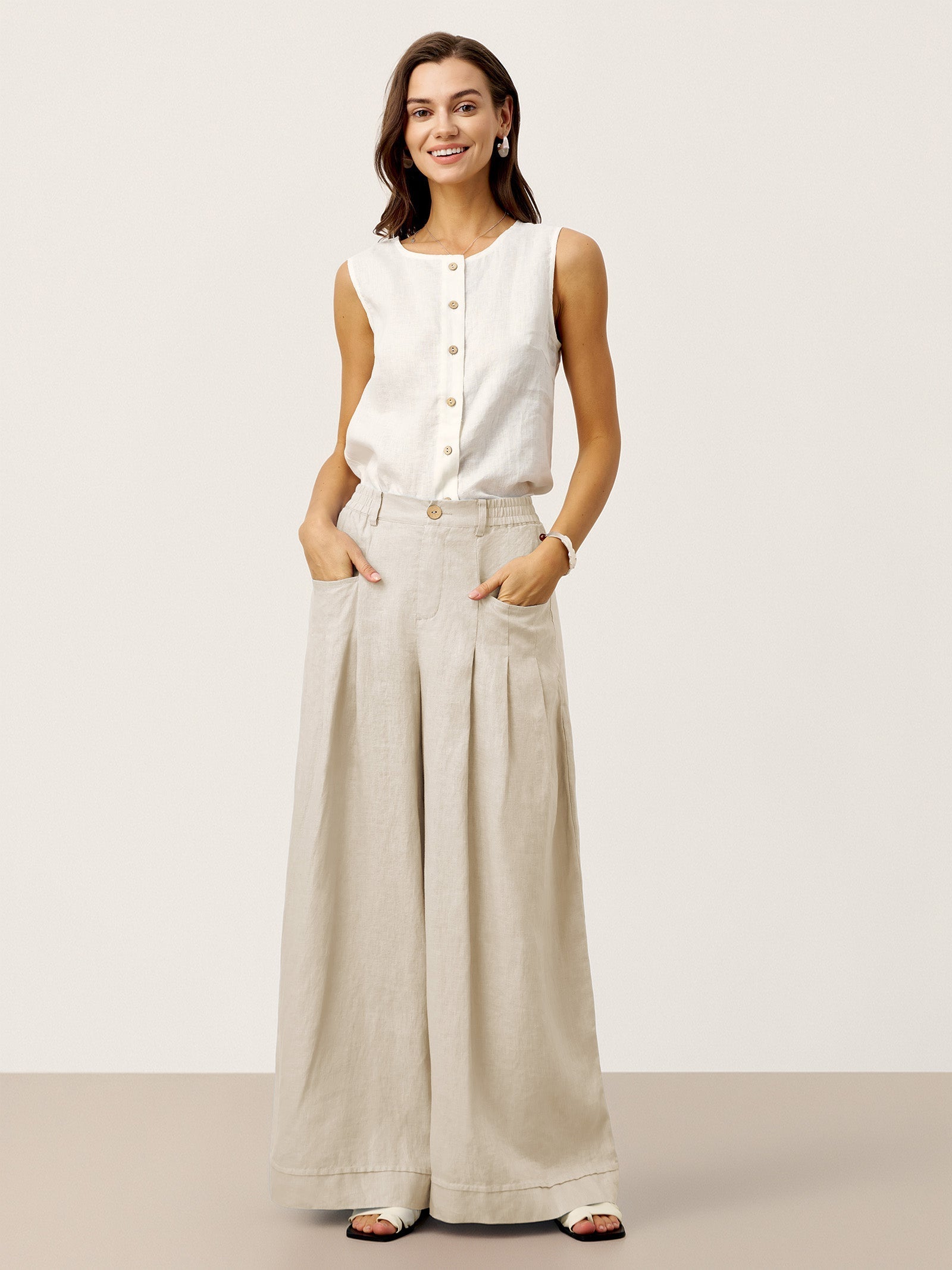 100% Linen Sculpted Pleat Elasticated Back Relaxed Pants VERIDIANA DestGlow