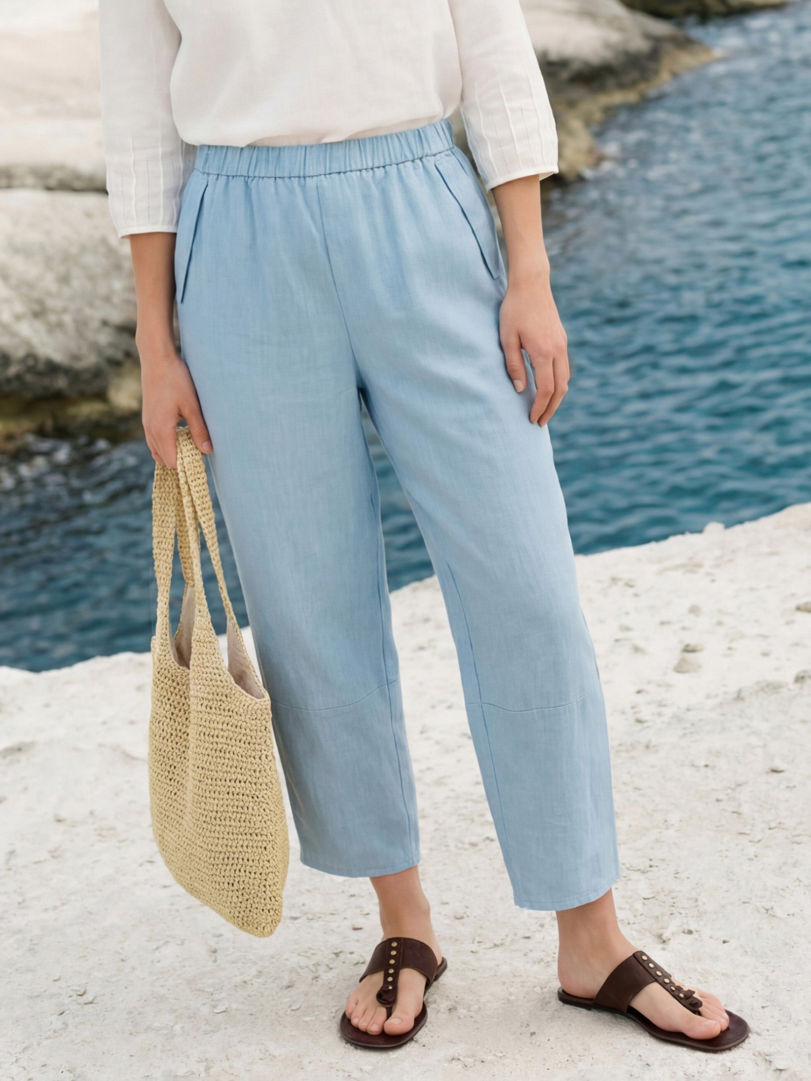 100% Linen Tapered Cropped Pull-On Trousers LORETTA DestGlow
