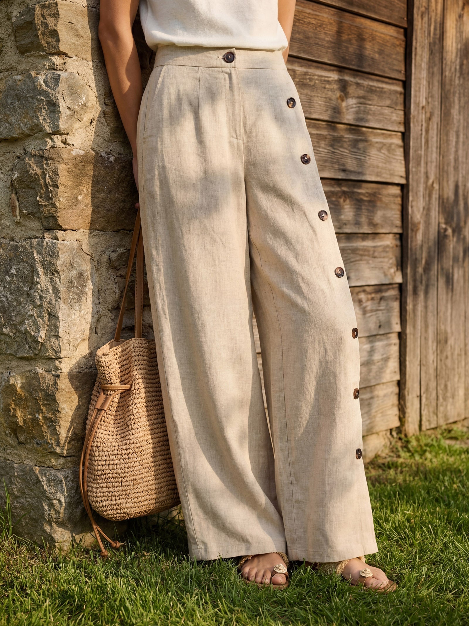 100% Linen Buttoned Slit-Hem Pants KATYA DestGlow