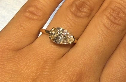 Custom Order: 2 Carat Pear East West Half Bezel Lab Grown Diamond Ring in 14k Yellow Gold With a 2.5 mm Band (For Karla Huerta)