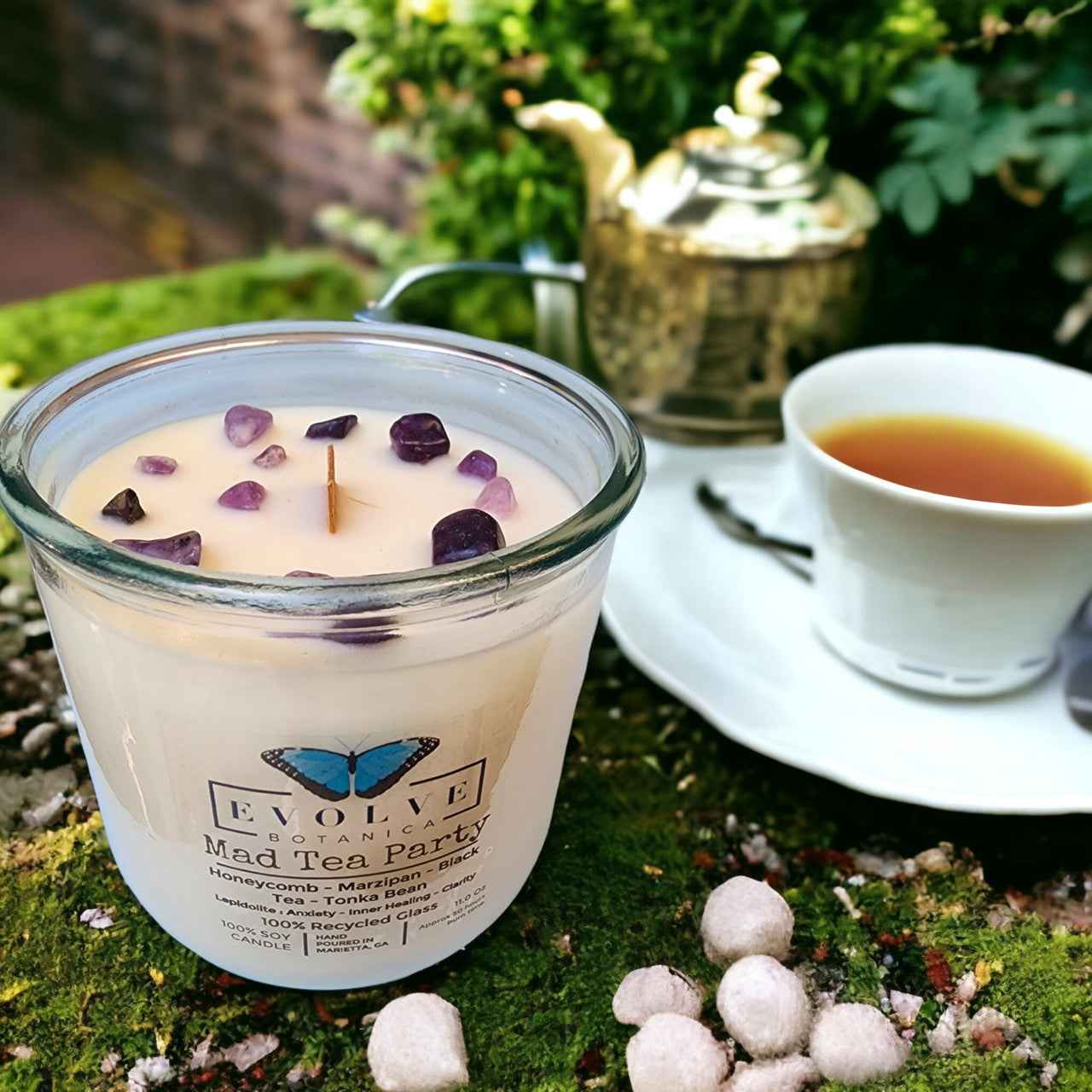 Rocks Candle - Mad Tea Party (Wood Wick Lepidolite Gemstone Soy Candle)