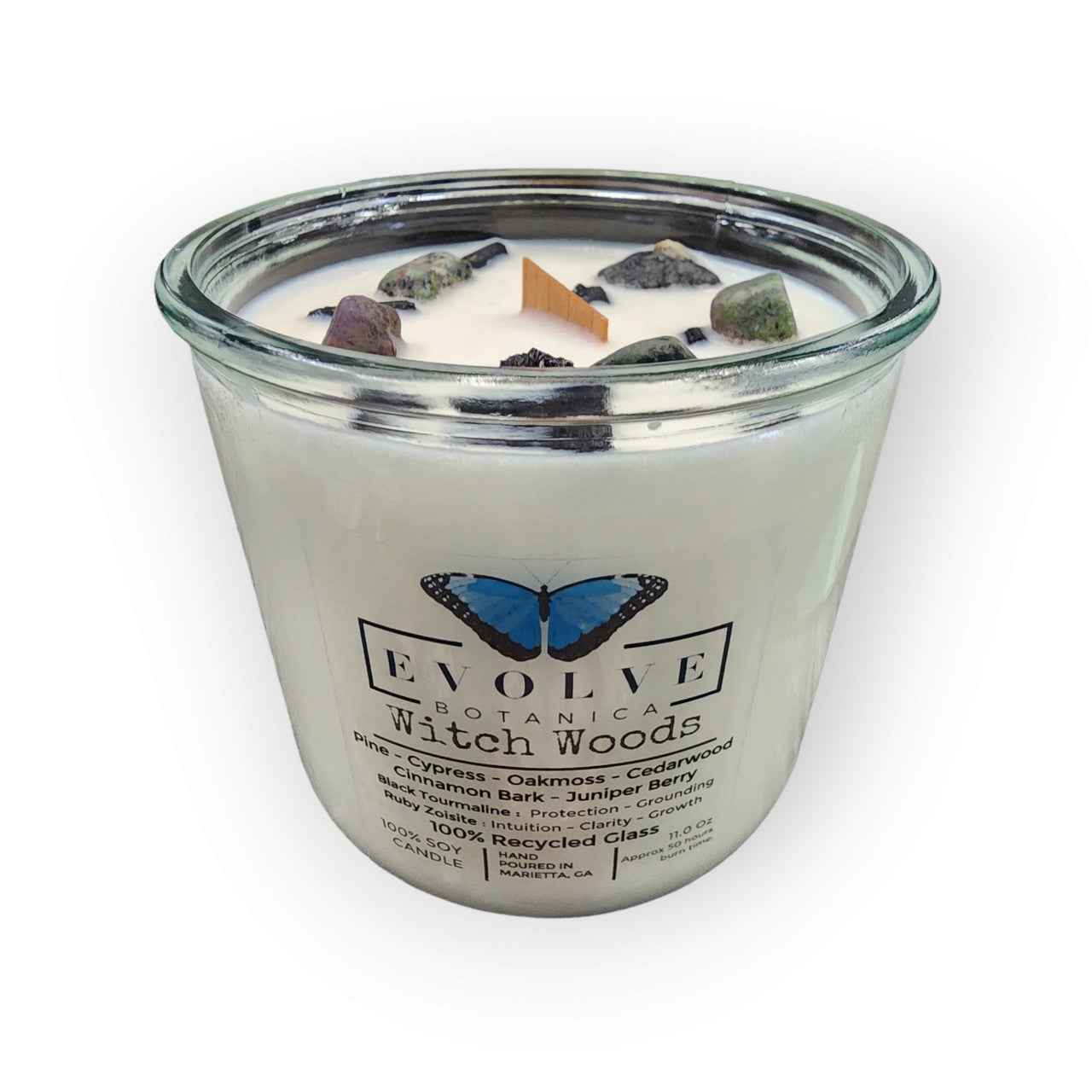 Rocks Candle - Witch Woods (Wood Wick Tourmaline & Zoisite Gemstone Soy Candle)