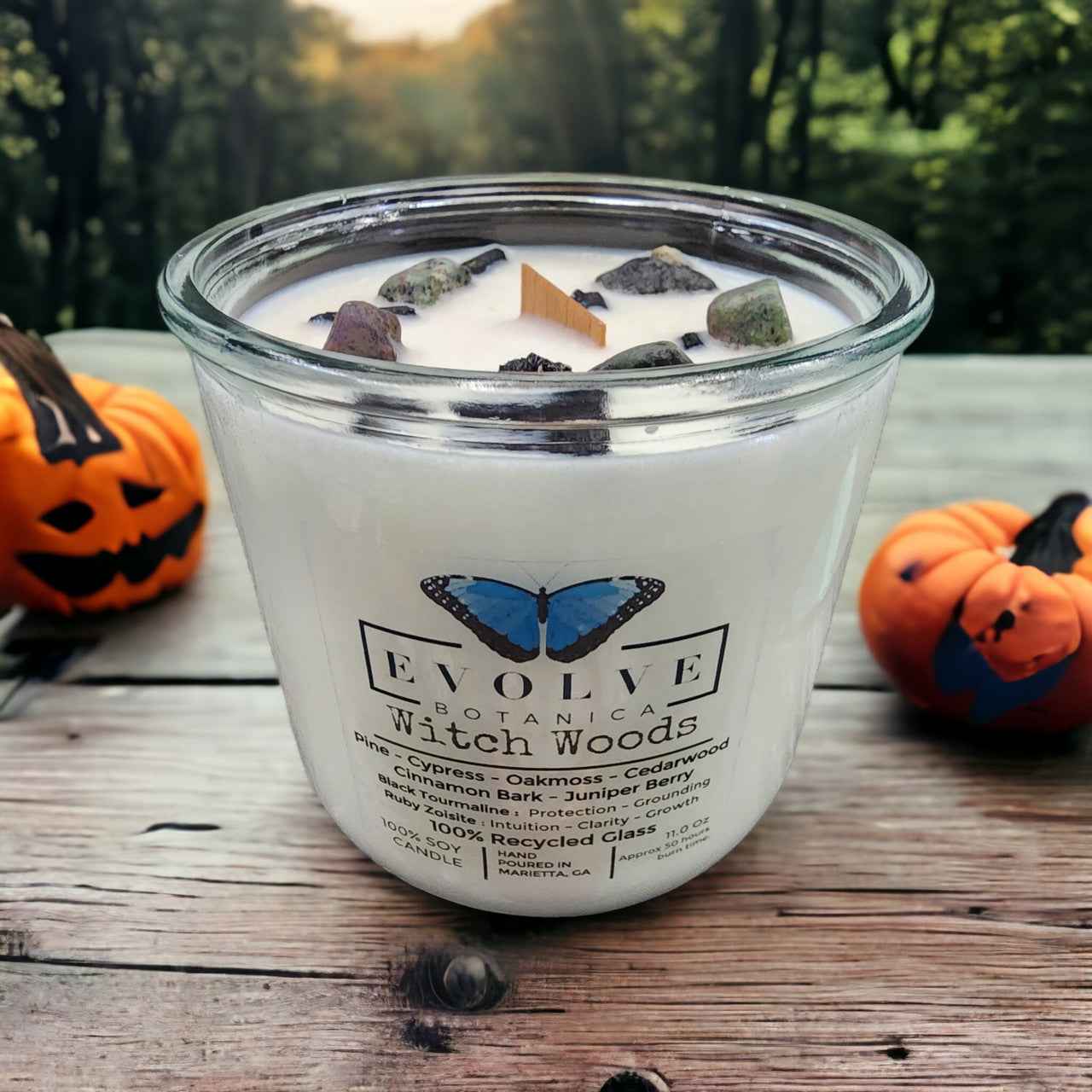 Rocks Candle - Witch Woods (Wood Wick Tourmaline & Zoisite Gemstone Soy Candle)