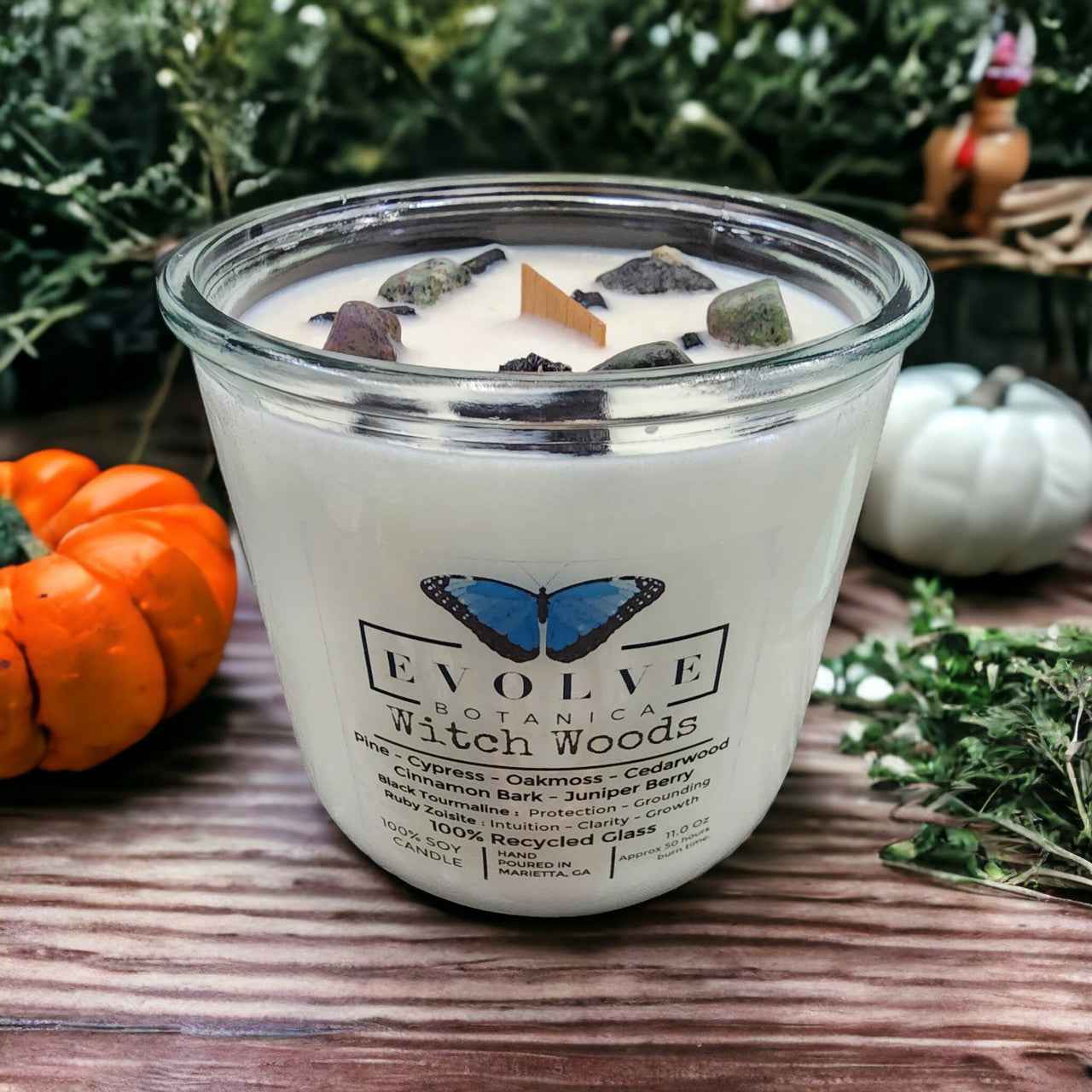 Rocks Candle - Witch Woods (Wood Wick Tourmaline & Zoisite Gemstone Soy Candle)