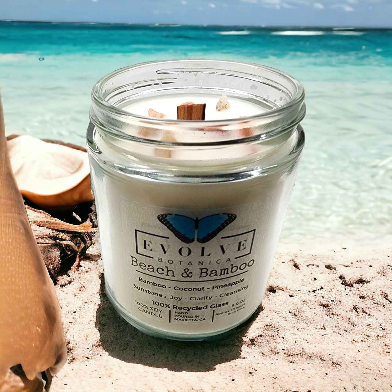 Classic 9oz Jam Jar Crystal Soy Candle - Beach & Bamboo (Sunstone)